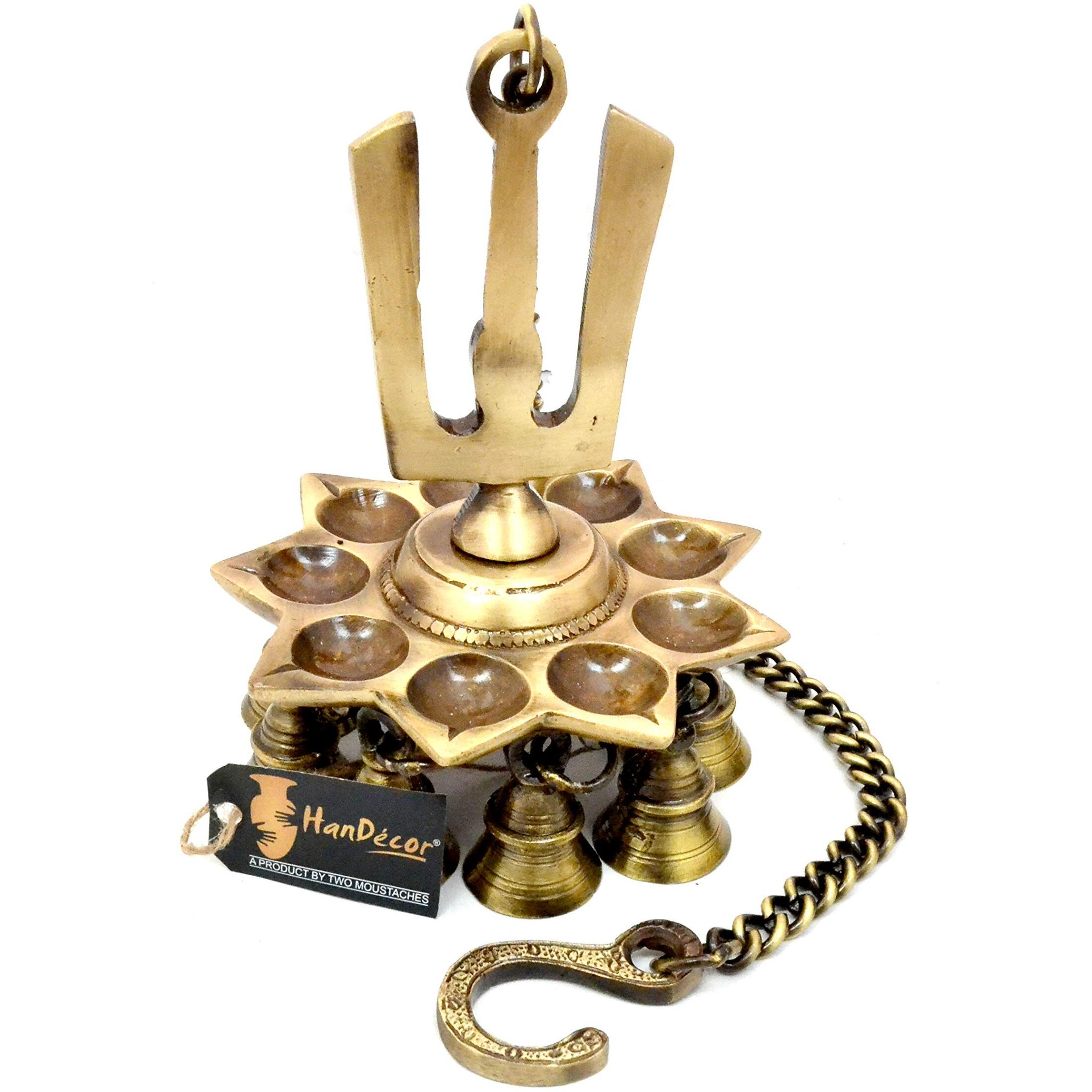 Two Moustaches Namah Design 9 Oil Wick Brass Hanging Diya, Diyas for Diwali Decoration, Standard, Pack of 1