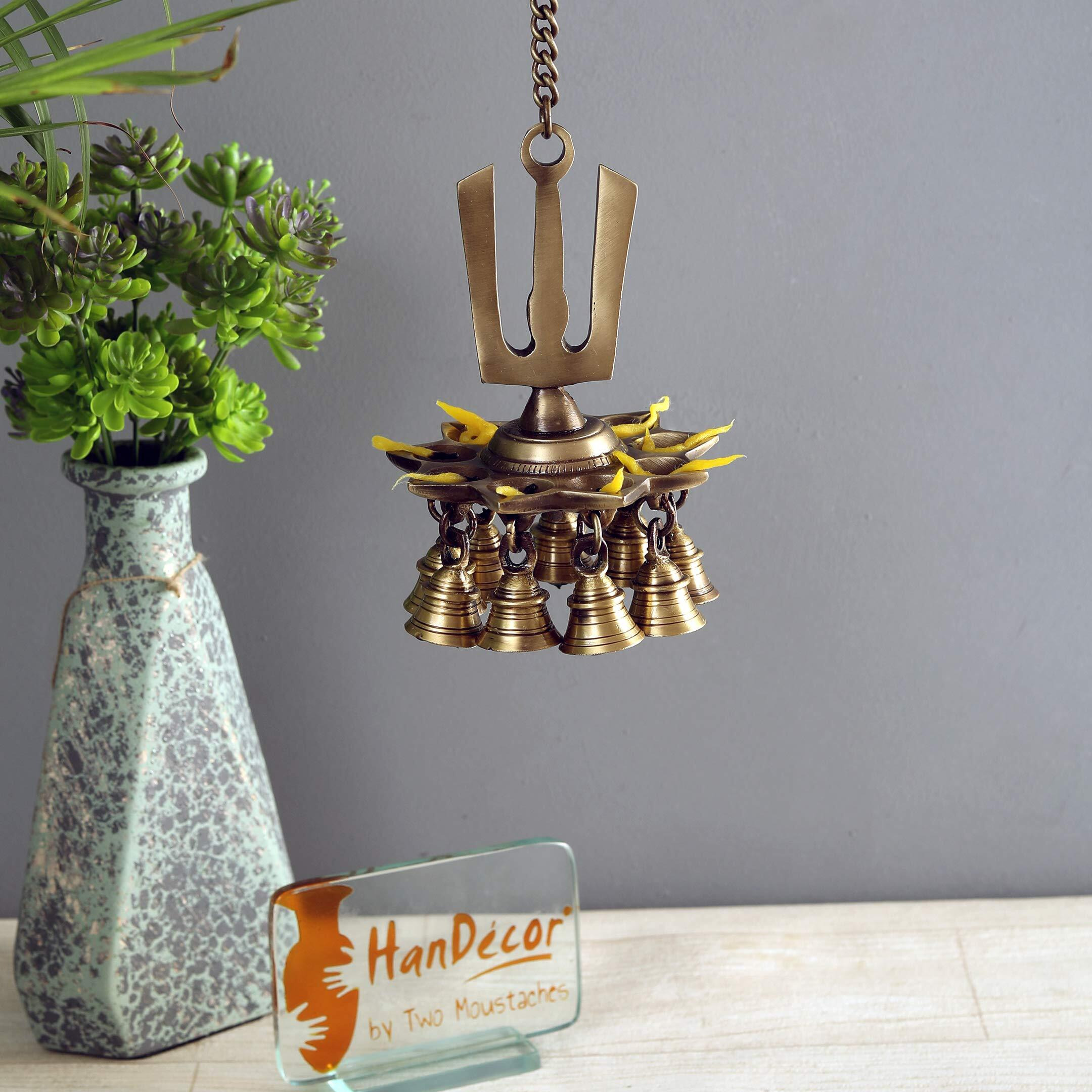 Two Moustaches Namah Design 9 Oil Wick Brass Hanging Diya, Diyas for Diwali Decoration, Standard, Pack of 1