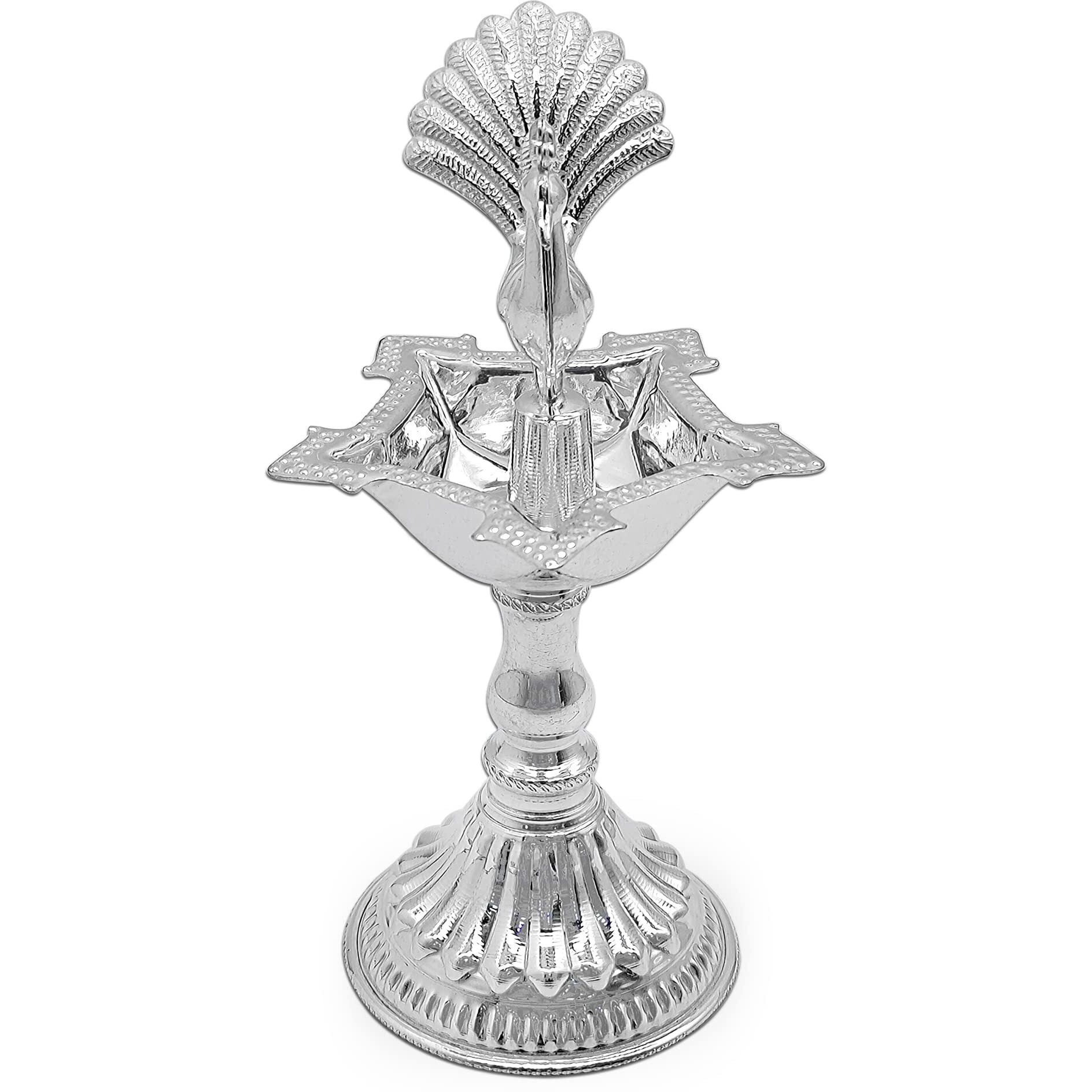 MAA SILVER Pure Silver Diya/Lamp/Deepak with Beautiful Peacock Idol at Centre & Unique Design Perfect for Gifting and Pooja Use (78 Purity)(40 Grams)