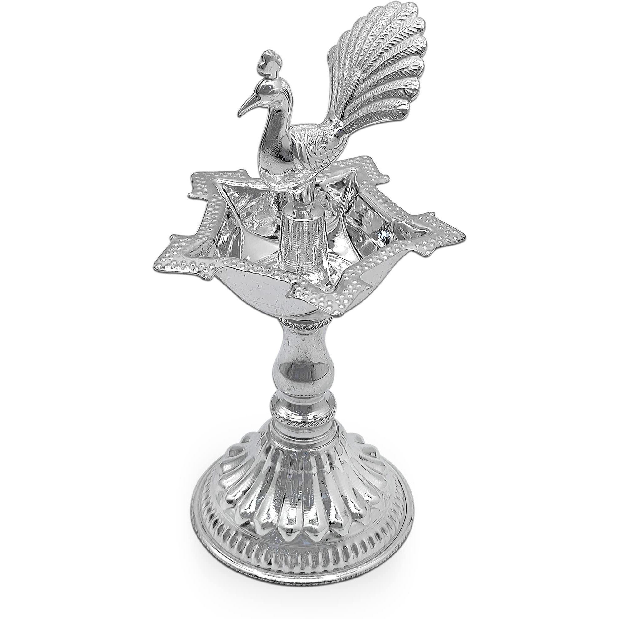 MAA SILVER Pure Silver Diya/Lamp/Deepak with Beautiful Peacock Idol at Centre & Unique Design Perfect for Gifting and Pooja Use (78 Purity)(40 Grams)