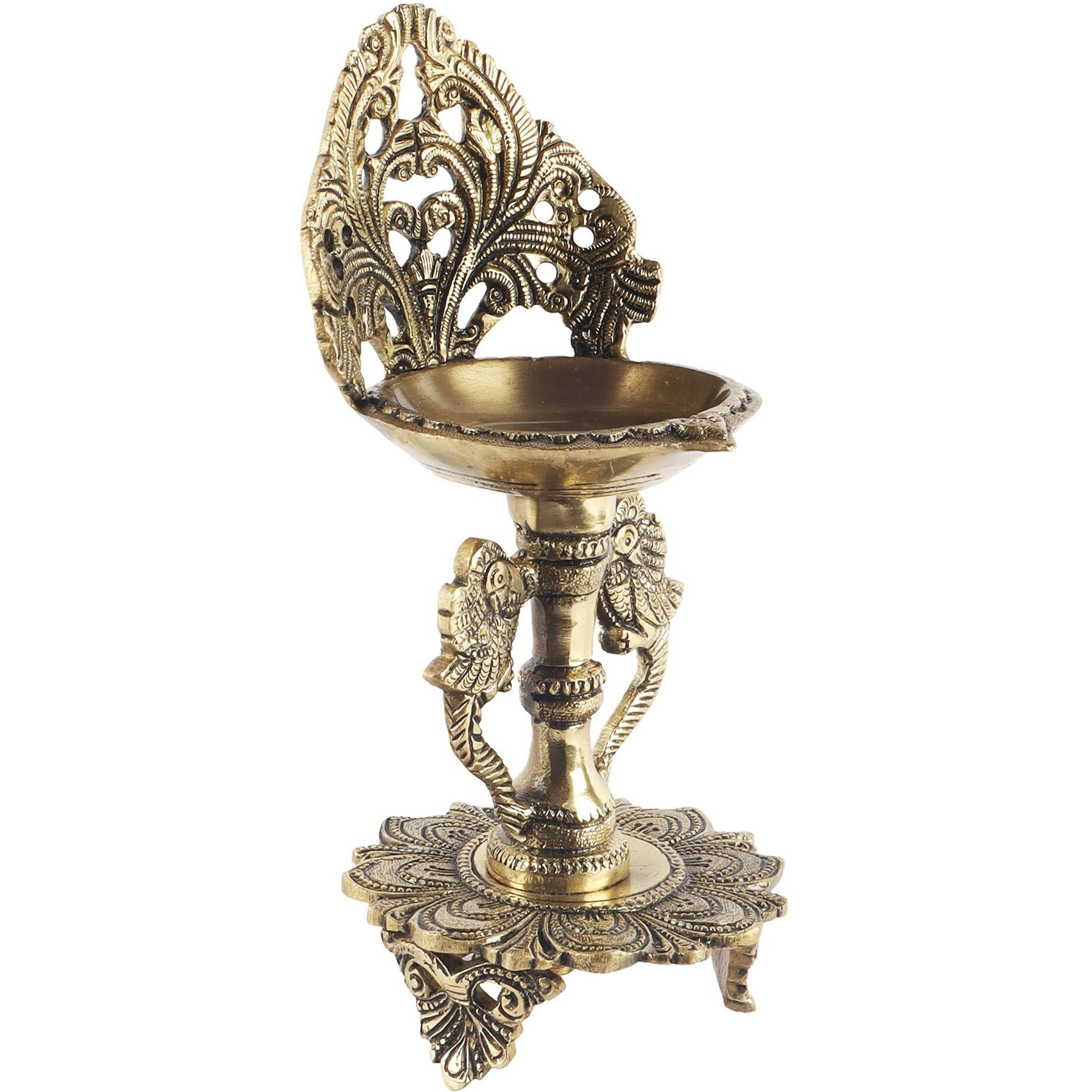 Two Moustaches Ethnic Twin Peacock Design 9 Inches Brass Oil Diya with Base