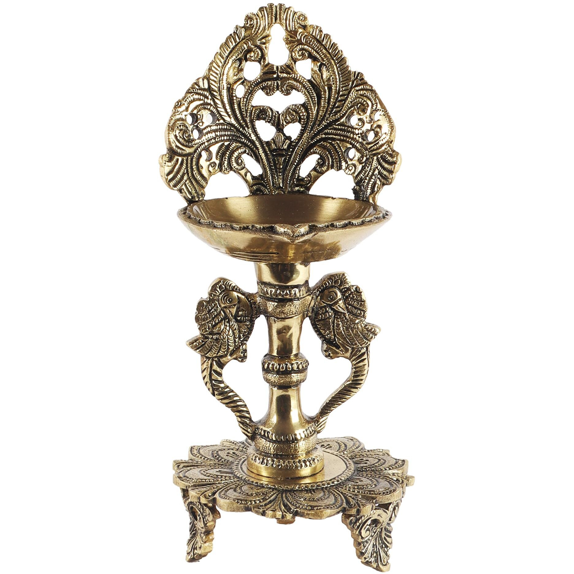 Two Moustaches Ethnic Twin Peacock Design 9 Inches Brass Oil Diya with Base