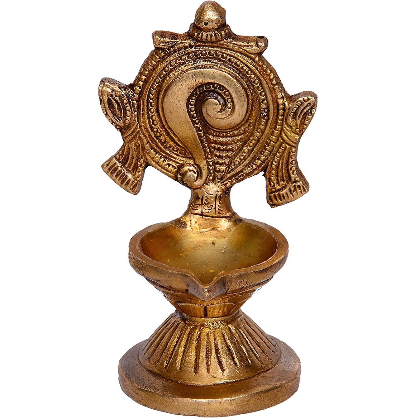 Purpledip Brass Oil Lamp Diya Set of 2 Shankha Chakra Deepak for Home Temple, Golden (10460)