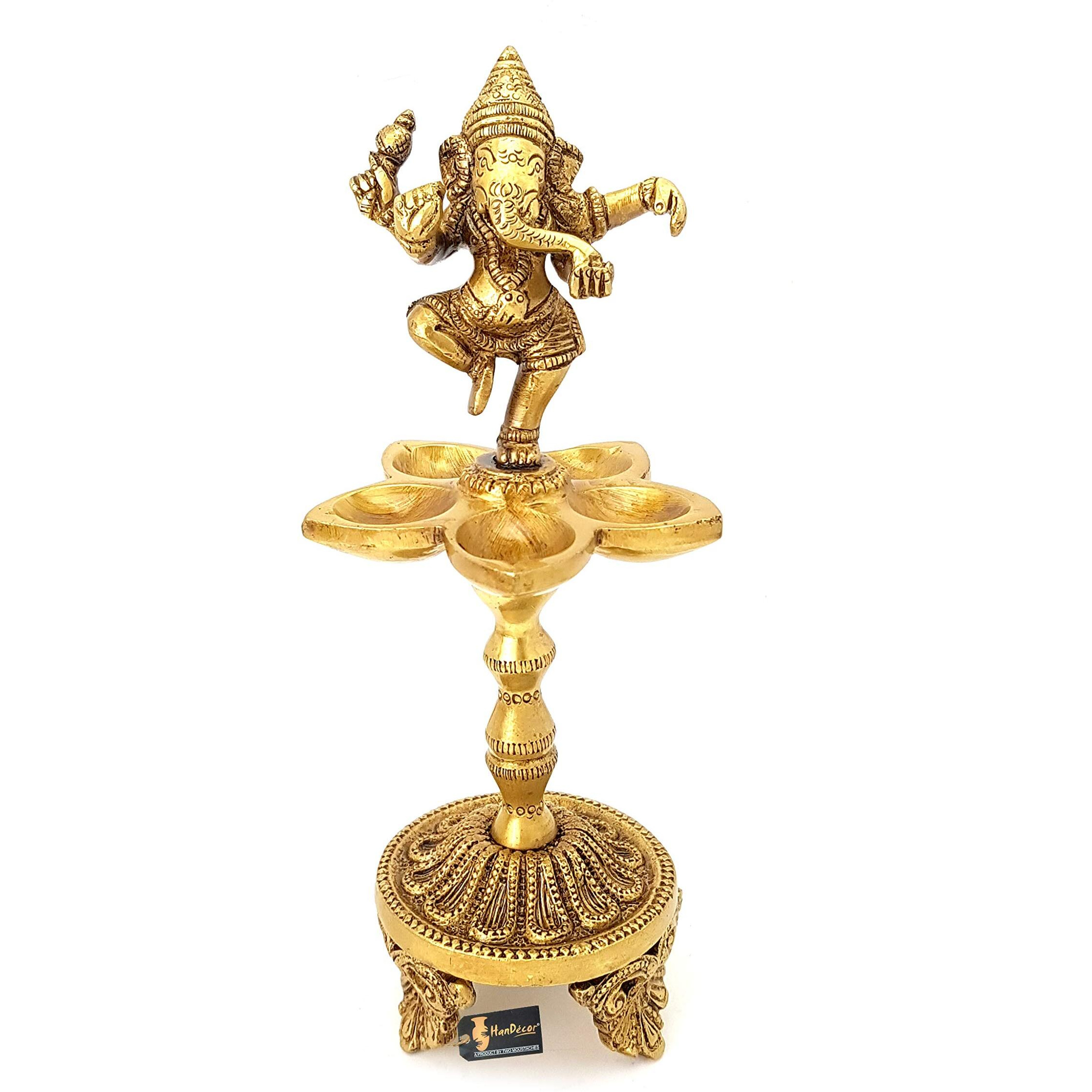 Two Moustaches Dancing Ganesha Over Ethnic Legs Five Oil Wick Brass Diya (Golden)