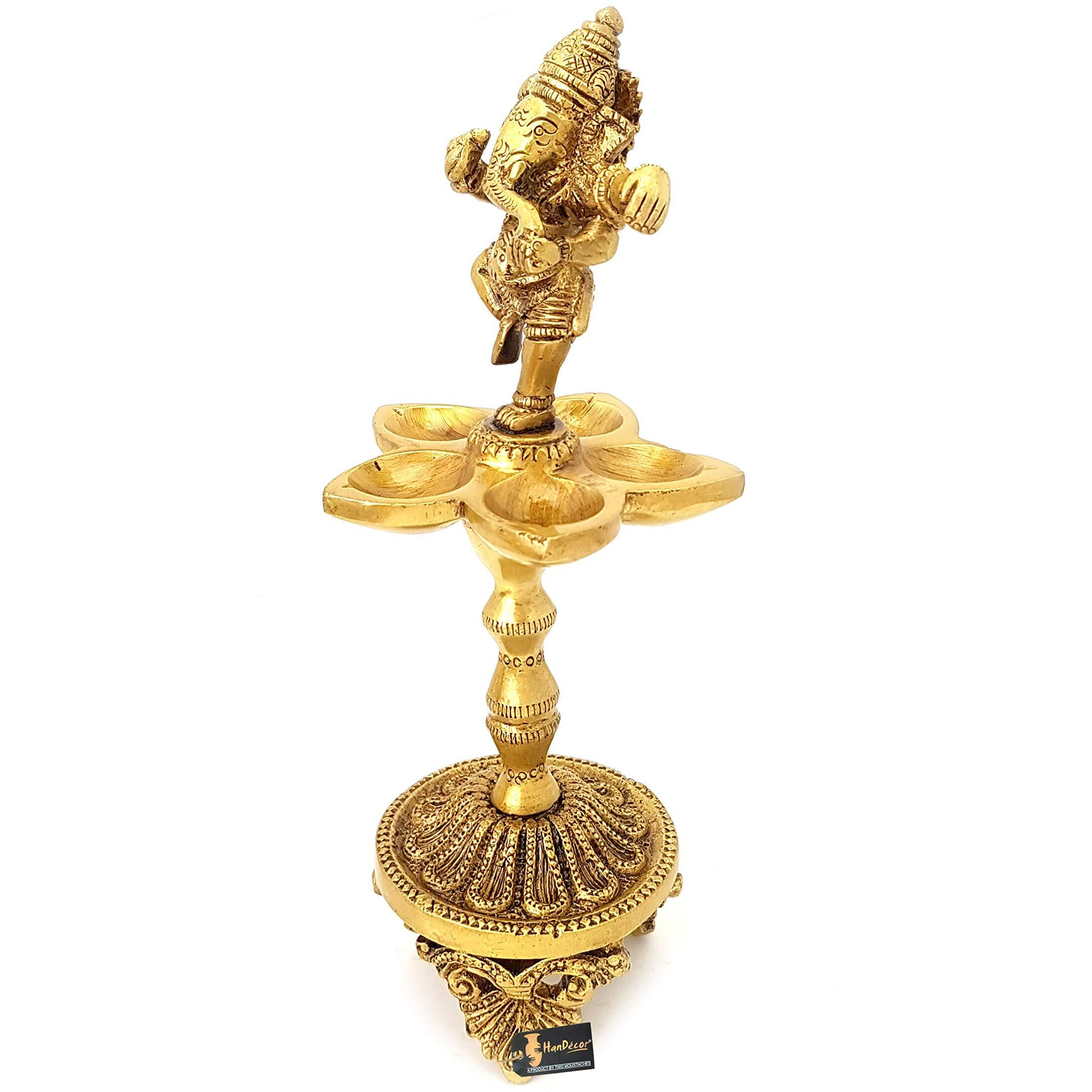 Two Moustaches Dancing Ganesha Over Ethnic Legs Five Oil Wick Brass Diya (Golden)