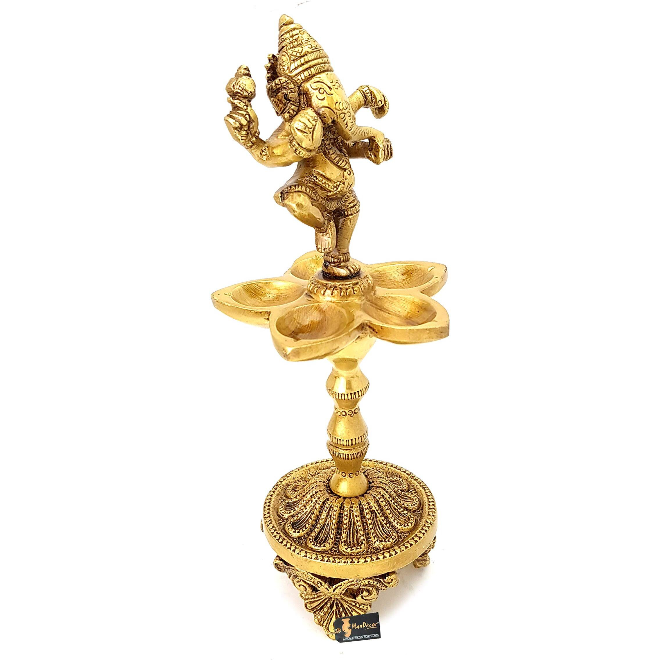 Two Moustaches Dancing Ganesha Over Ethnic Legs Five Oil Wick Brass Diya (Golden)