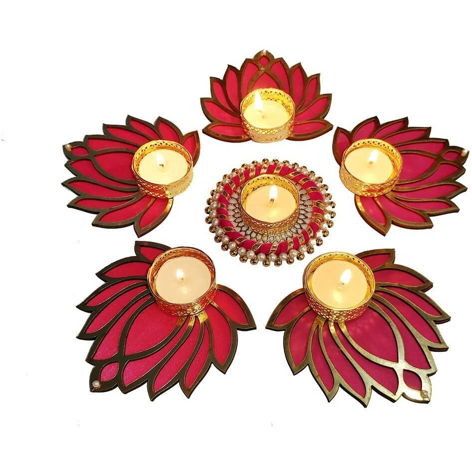 Urban Turtle Handcrafted Lotus Tealight Candle Holder | Rangoli for Floor | Tealight Candle Holder | Home Decoration Item for Diwali | Lotus Diya for Pooja,Rangoli Mat - Pack of 7 (Red)