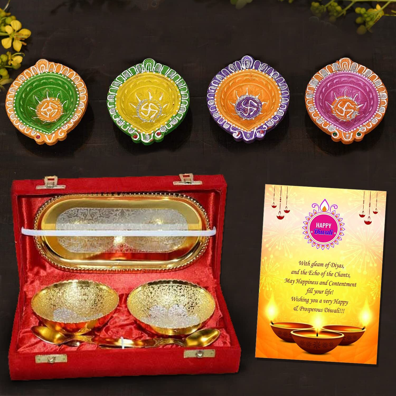 Collectible India Diwali Gift Combo Diwali Decoration Items Hampers Pack for Family and Friends Gold & Silver Plated Brass Bowl Showpiece for Puja with 4 Clay Diya Oil Lamp & Greeting Card