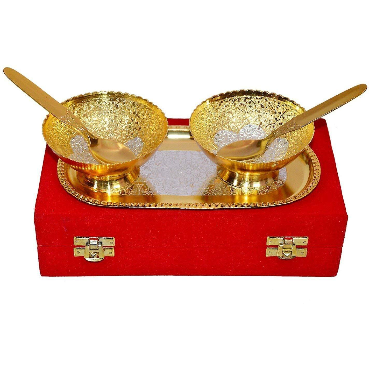 Collectible India Diwali Gift Combo Diwali Decoration Items Hampers Pack for Family and Friends Gold & Silver Plated Brass Bowl Showpiece for Puja with 4 Clay Diya Oil Lamp & Greeting Card