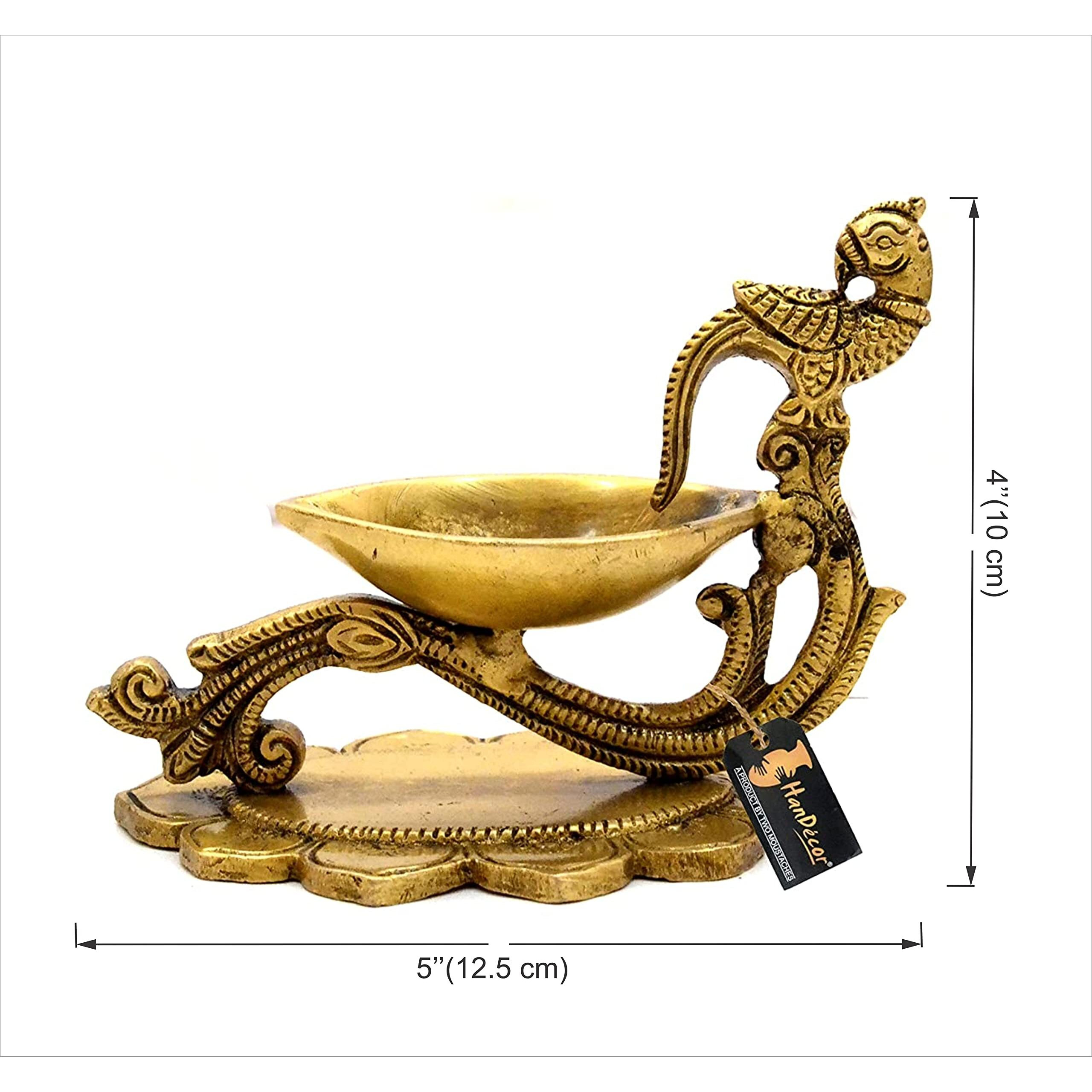 Two Moustaches Peacock on Handle Design Brass Oil Diya