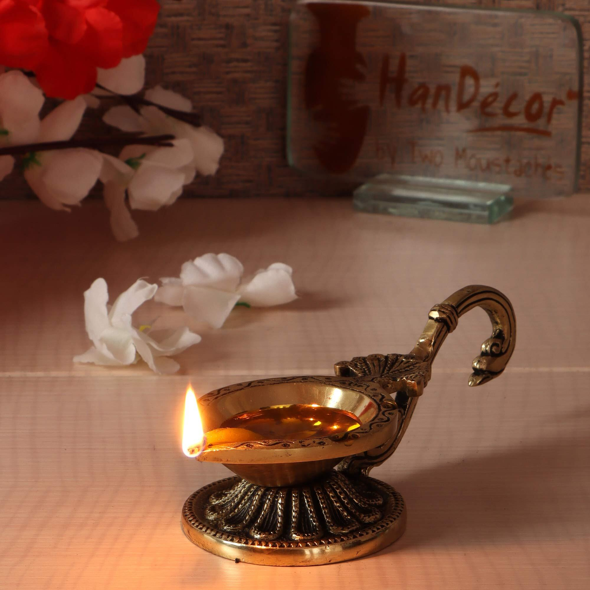 Two Moustaches Ethnic Handcarved Brass Diya with Curved Handle , Brass Diyas for Pooja , Brass Lamps for Pooja , Standard , Pack of 1
