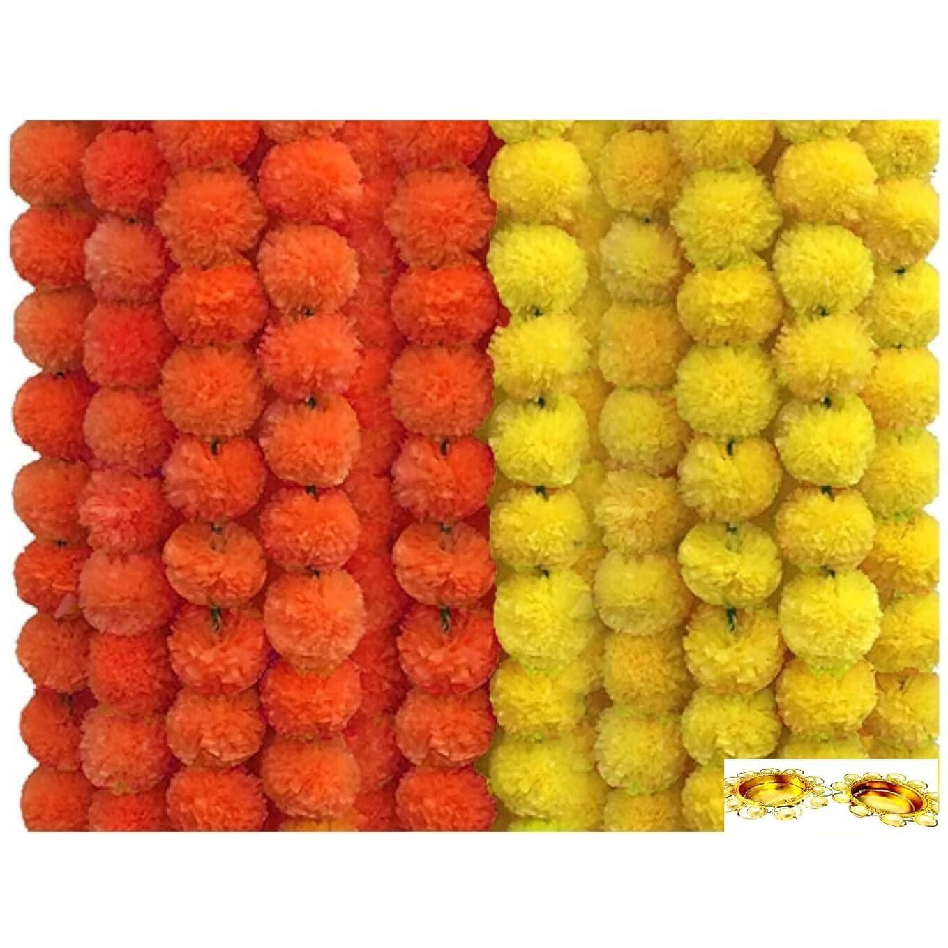 ArtRIght Artificial genda phool for Decoration Flowers for Decoration Garland with Diwali & Festivals | 5 Feet Long 10 Pcs with 2 Diya (5 Yellow+5 Orange merigold)