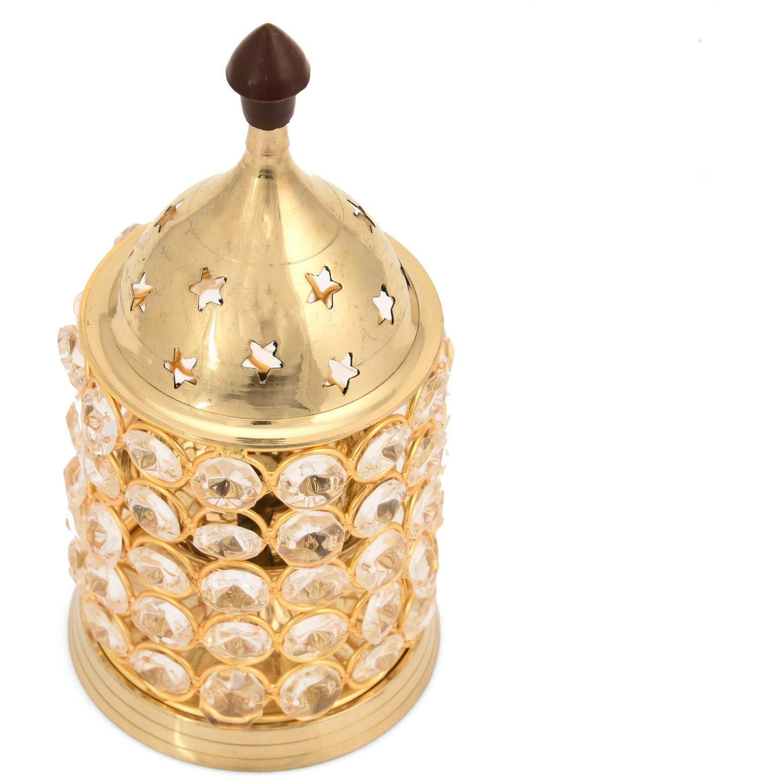 Collectible India Brass Crystal Akhand Diya Oil Lamp Tea Light Holder Lantern