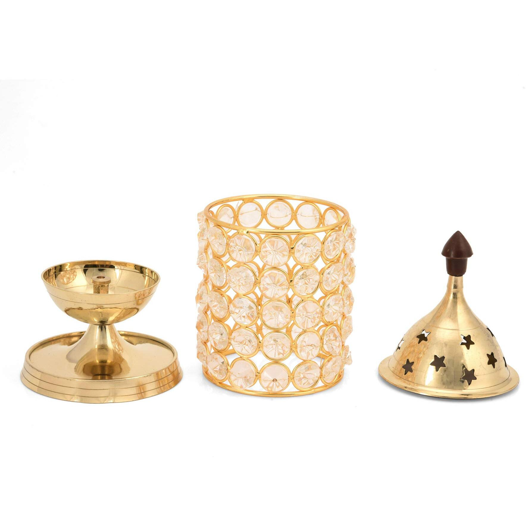 Collectible India Brass Crystal Akhand Diya Oil Lamp Tea Light Holder Lantern