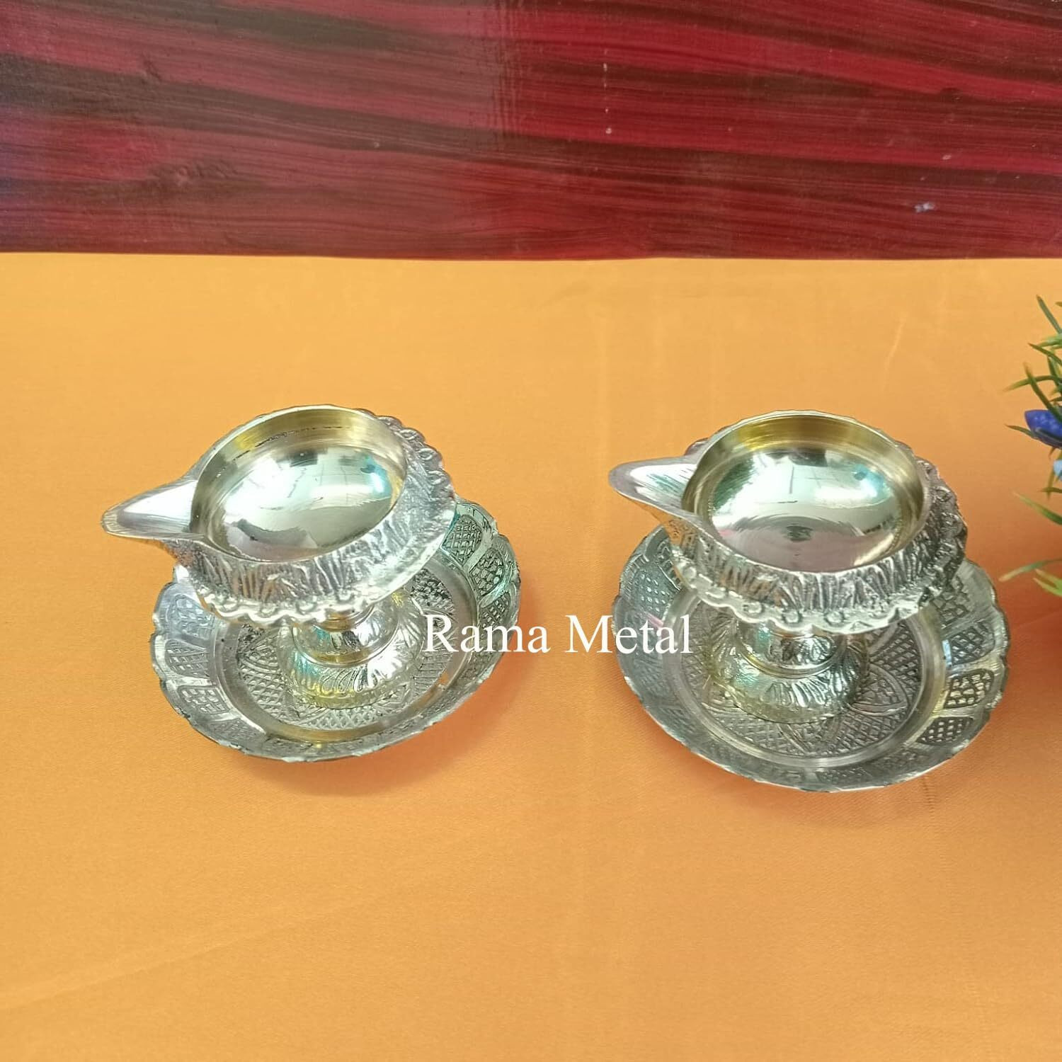 RAMA METAL Brass Plate and KUBER Diya (Pack of 4)