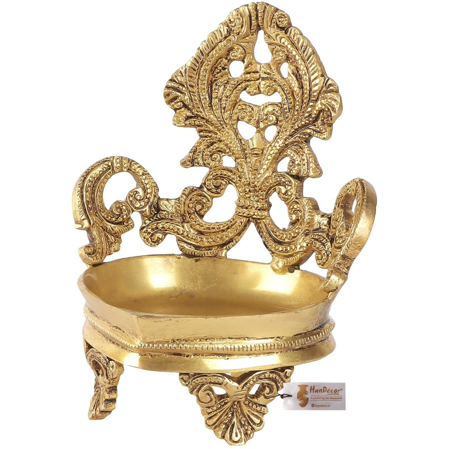 Two Moustaches Ethnic Vintage Design Brass Carving Diya on Three Carved Legs, Brass Diyas for Home Decoration