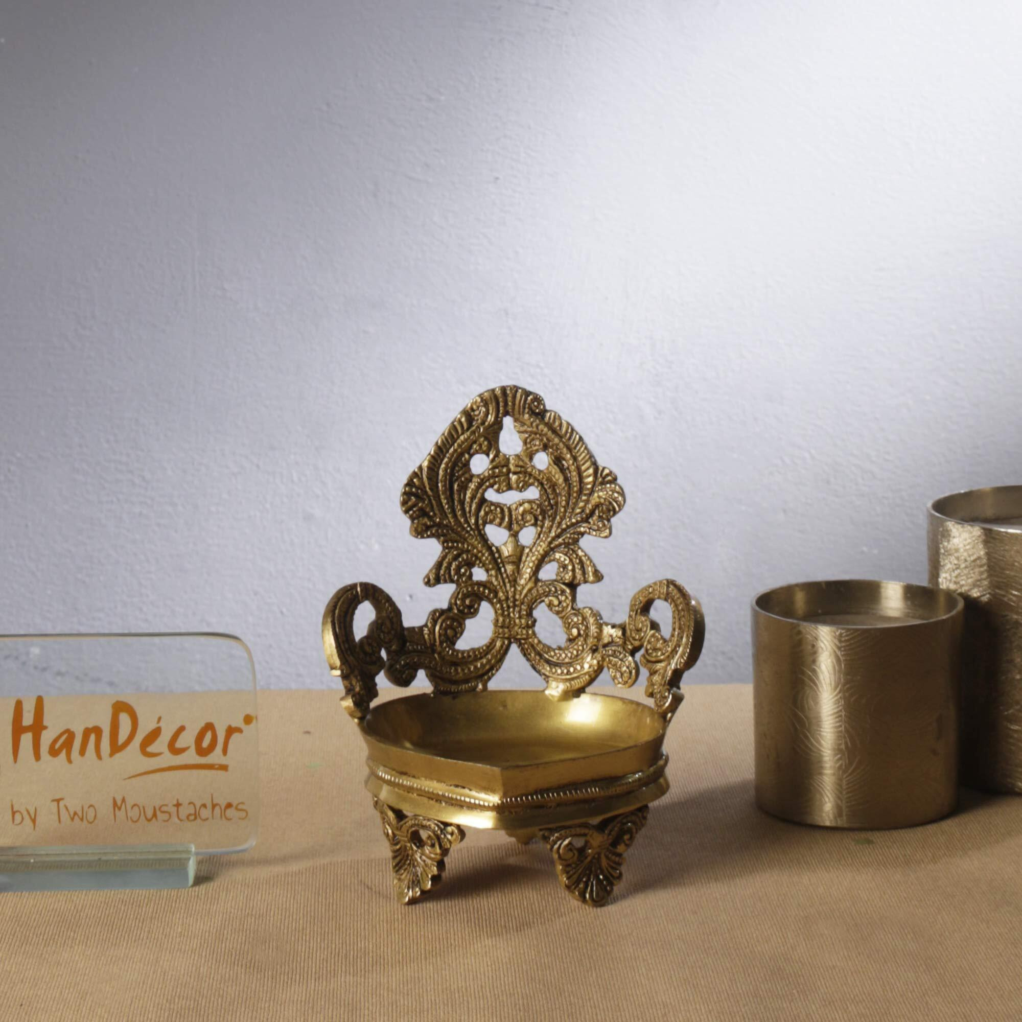Two Moustaches Ethnic Vintage Design Brass Carving Diya on Three Carved Legs, Brass Diyas for Home Decoration