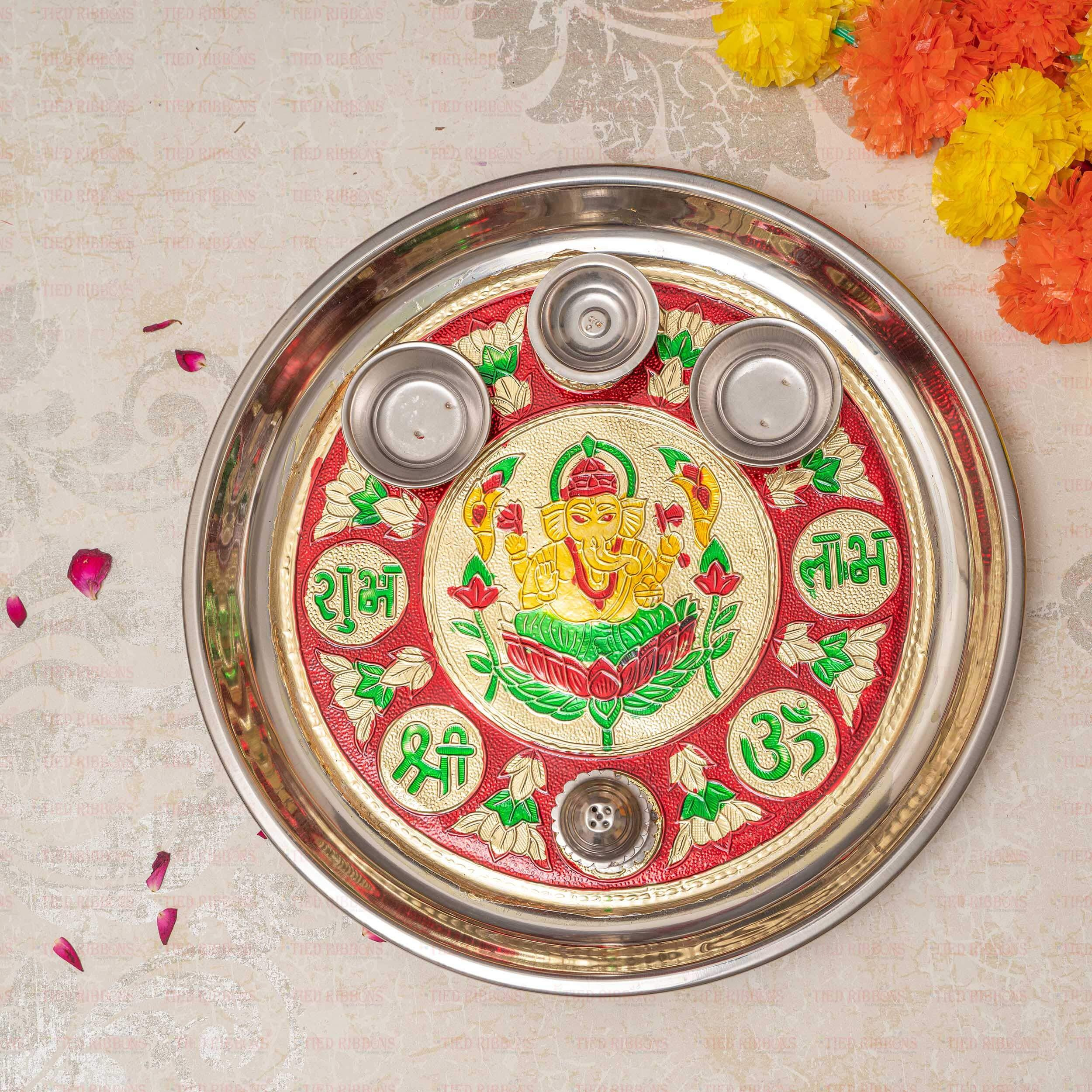 TIED RIBBONS Traditional Meenakari Decorative Pooja Thali with Attached Diya Agarbatti Stand and Roli Chawal Katori
