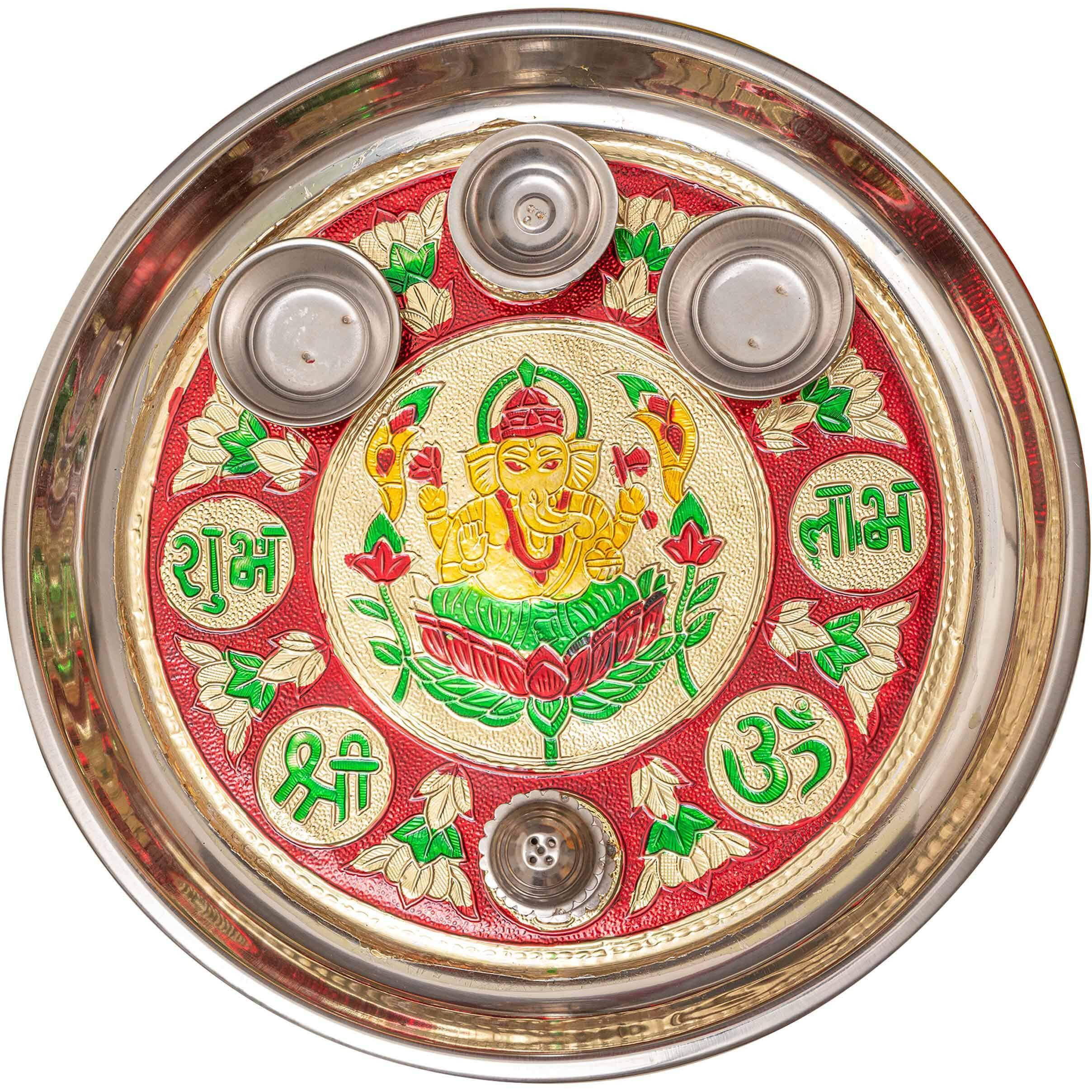 TIED RIBBONS Traditional Meenakari Decorative Pooja Thali with Attached Diya Agarbatti Stand and Roli Chawal Katori