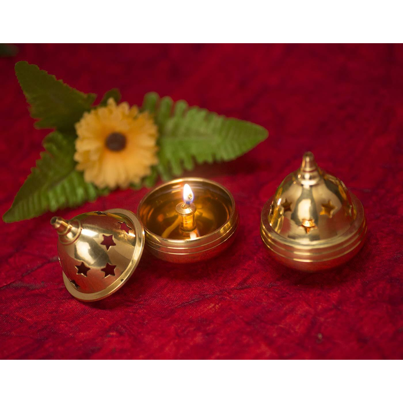 SH Retail Brass Apple Shape Akhand Diya with Designed Star Holes on Top (6.5 cm)