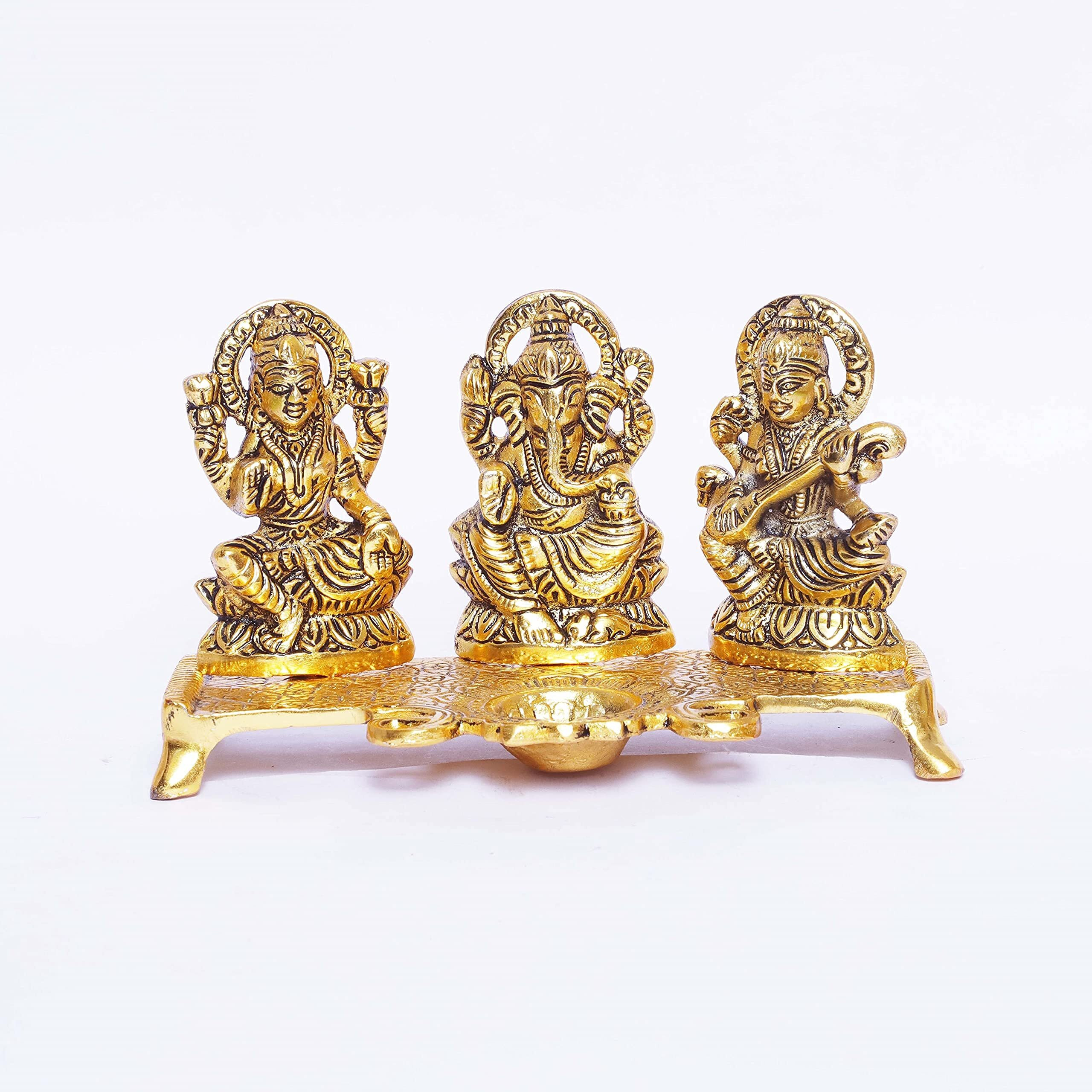 Prince Home Decor & Gifts Aluminum Laxmi Ganesh Saraswati Idol Platter with Diya (Gold, Standard)