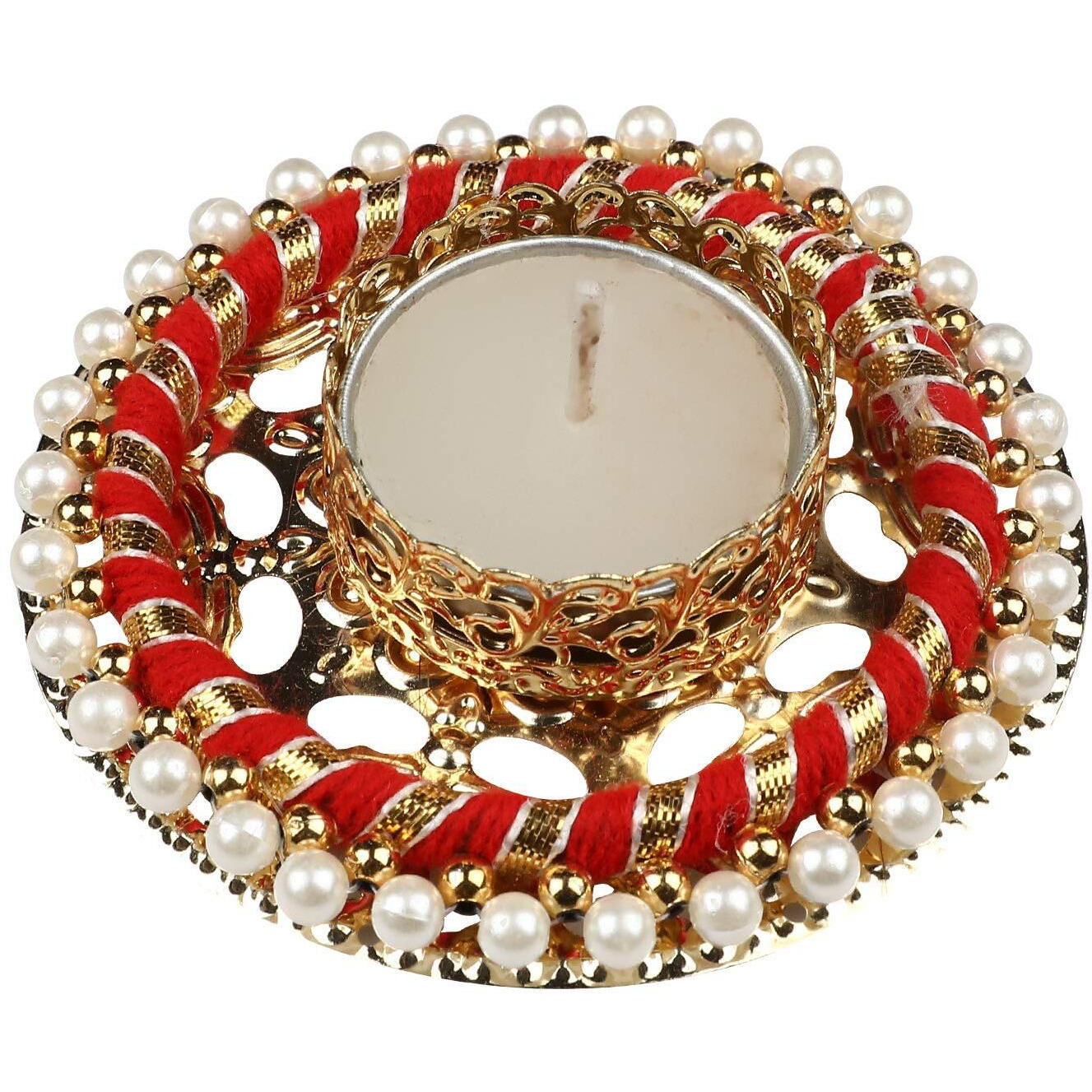 Urban Turtle Diwali Decoration Tealight Candle, Diya Holder for Home, Office etc. - Red Golden and White Pearl / 4 pcs/Hand Crafted/Made in India