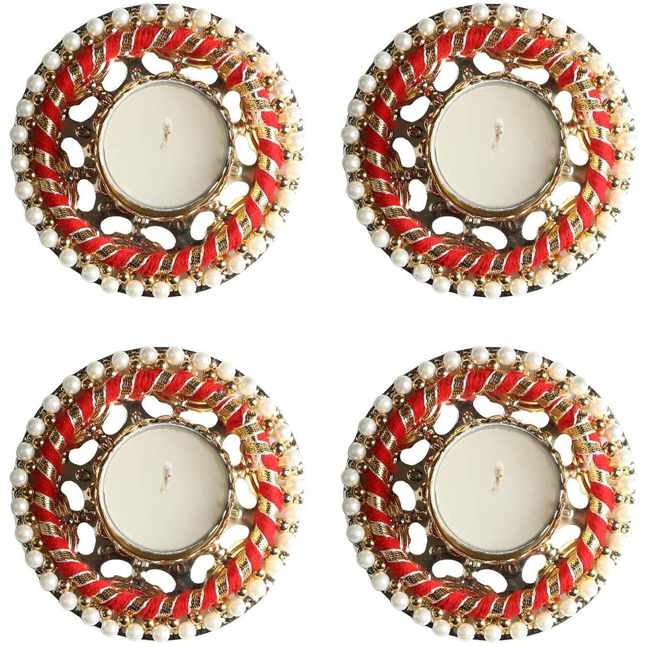 Urban Turtle Diwali Decoration Tealight Candle, Diya Holder for Home, Office etc. - Red Golden and White Pearl / 4 pcs/Hand Crafted/Made in India