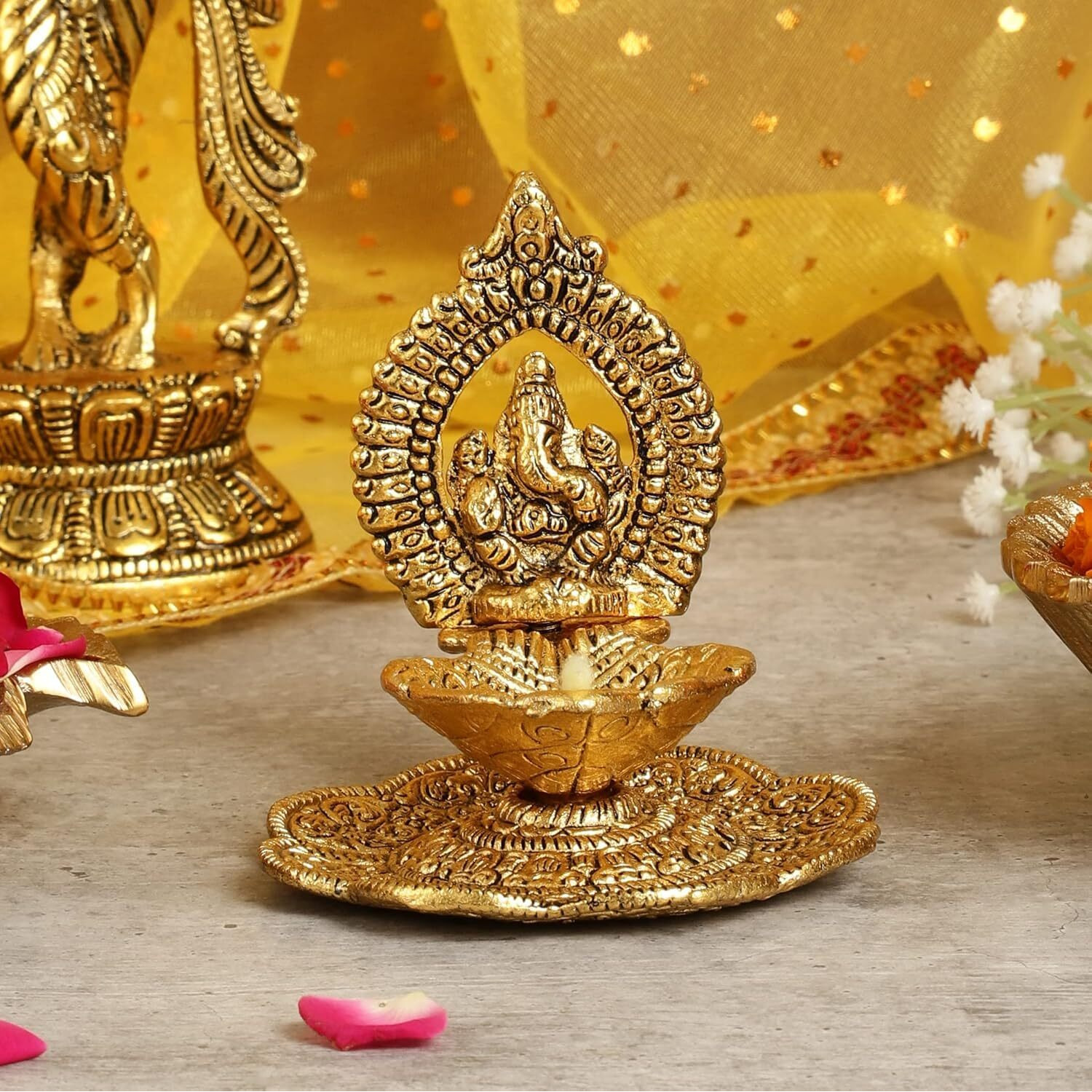 Klassic Antique Metal Ganeshaji Idols Diya Gold Plated for Temple Oil Lamp Home and Office Pooja Room, Diwali Decoration 5 batti Diya | ( Pack of 1, Golden )