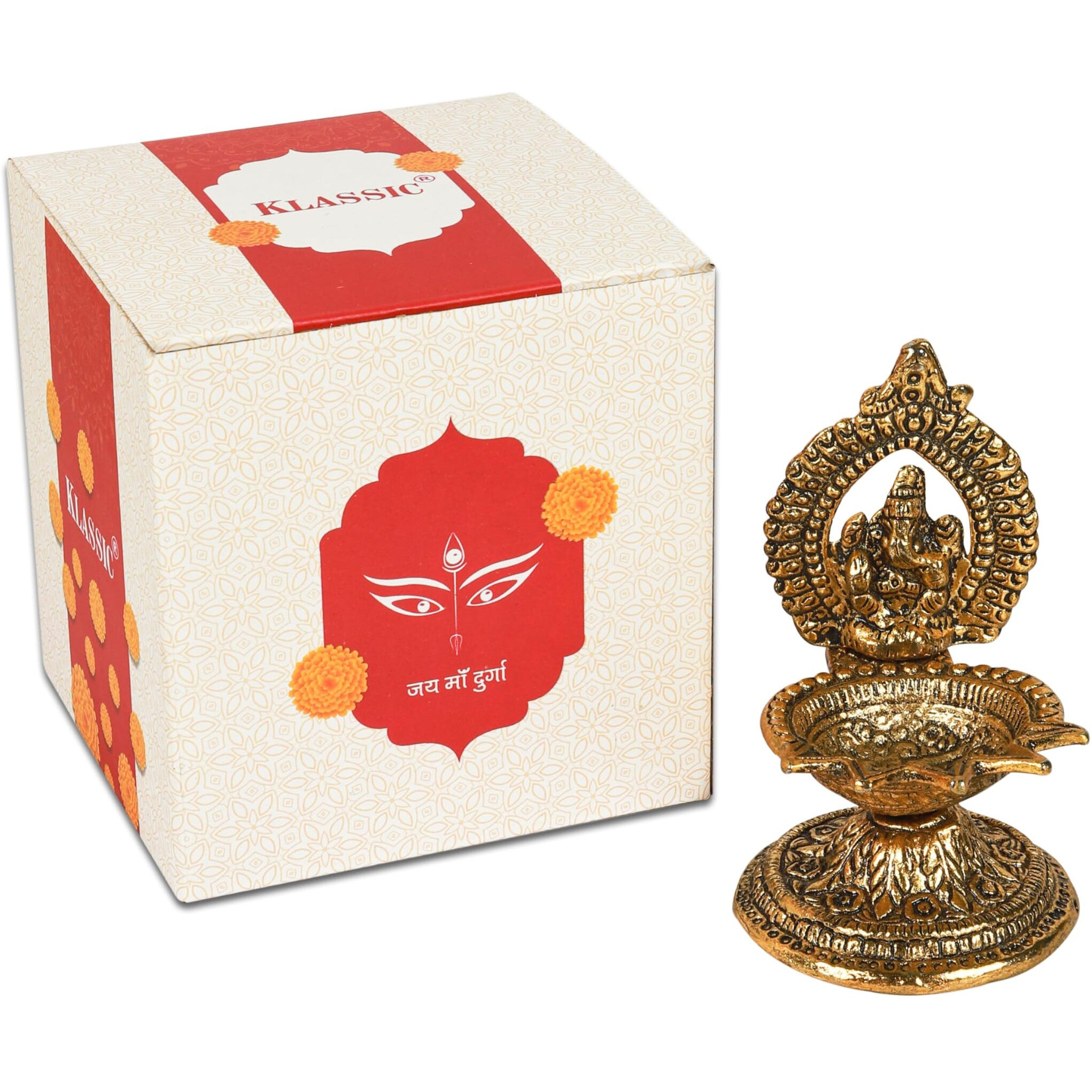 Klassic Antique Metal Ganeshaji Idols Diya Gold Plated for Temple Oil Lamp Home and Office Pooja Room, Diwali Decoration 5 batti Diya | ( Pack of 1, Golden )