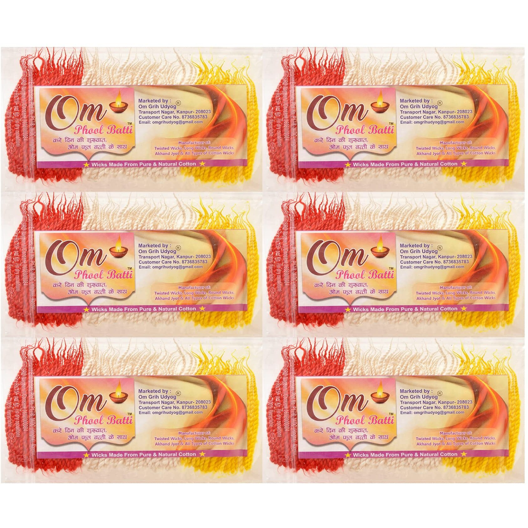 Om Phool Batti Twisted Long Cotton Double Wicks for Diya, Lambi Diya Batti for Pooja, Arti Navratri Special in Red, Yellow and White Color (Multicolor, 800 Pcs, Pack of 8)