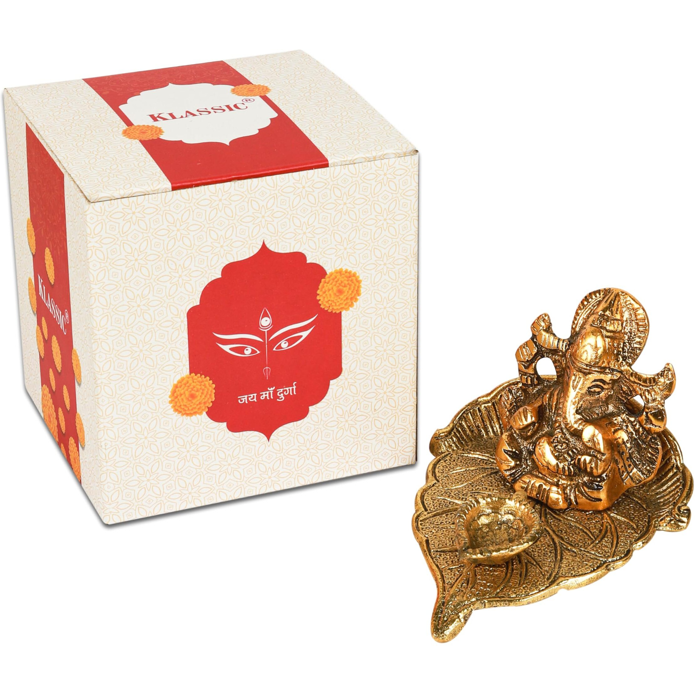 Klassic Antique Metal Ganeshaji Idol Diya Golden Patta Gold Plated for Temple Oil Lamp Home and Office, Diwali Decoration | ( Pack of 1, Golden )