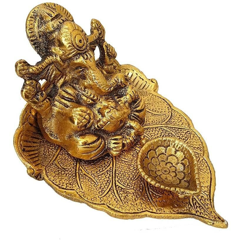 Klassic Antique Metal Ganeshaji Idol Diya Golden Patta Gold Plated for Temple Oil Lamp Home and Office, Diwali Decoration | ( Pack of 1, Golden )