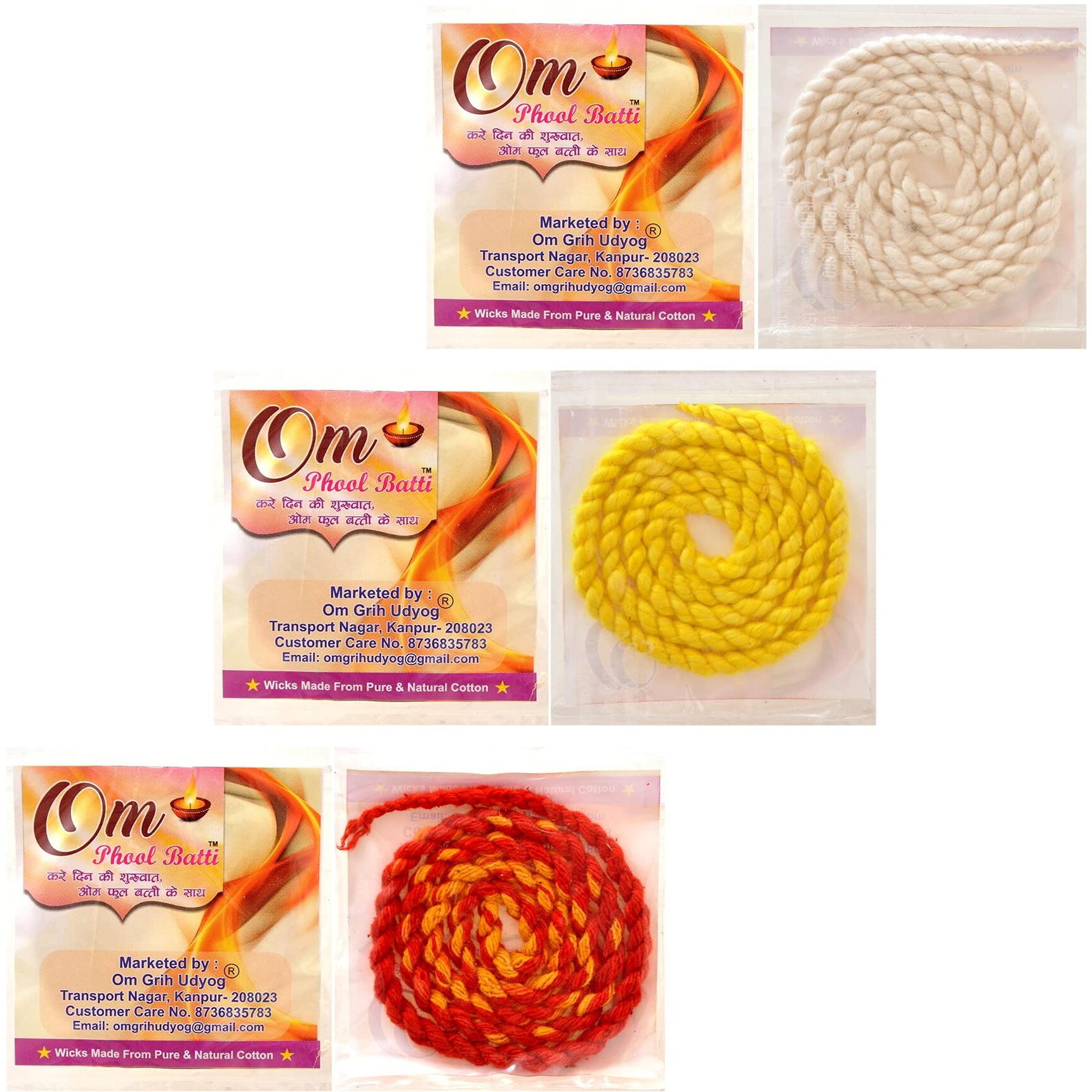 Om Phool Batti Twisted Cotton Long Wicks for Akhand Jyot, Diya Batti for Long Lasting Puja/Aarti, Combo of 3, (Pack of 36, Multi-Color)