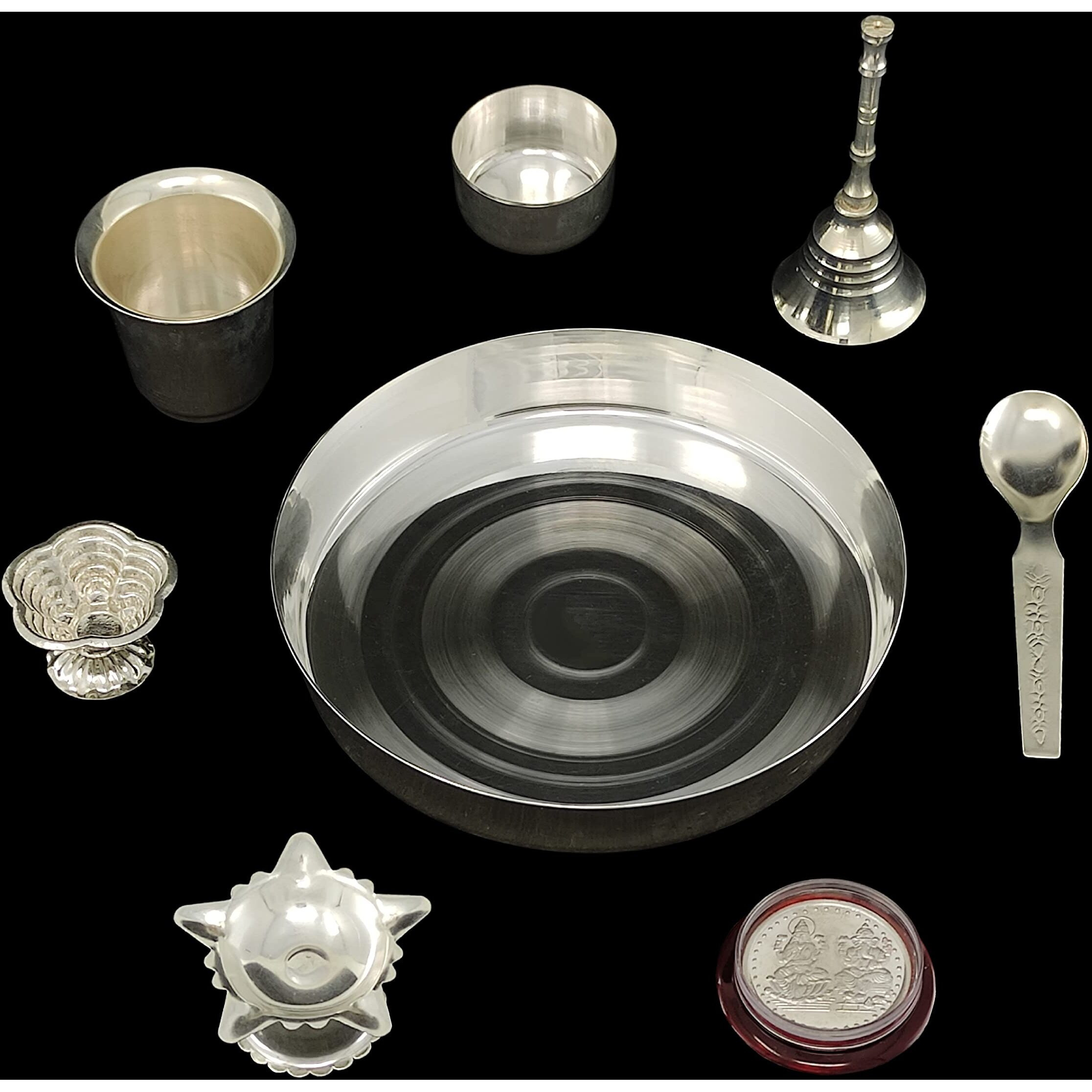 BENGALEN Silver Plated Pooja Thali Set 5 Inch Plate Kumkum Holder Diya Ghanti Glass Spoon Bowl Ganesh Lakshmi Coin Premium Puja Decorative for Home Office Wedding Return Gift Items
