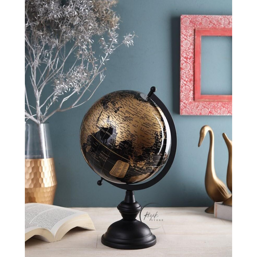 RIZIK STORE 14 inch Black Educational World Globe with Heavy Metal ARC and Base/Home Decor/Political Globe/Office Globe/Globes for Kids & Students || 8 inch Diameter ||