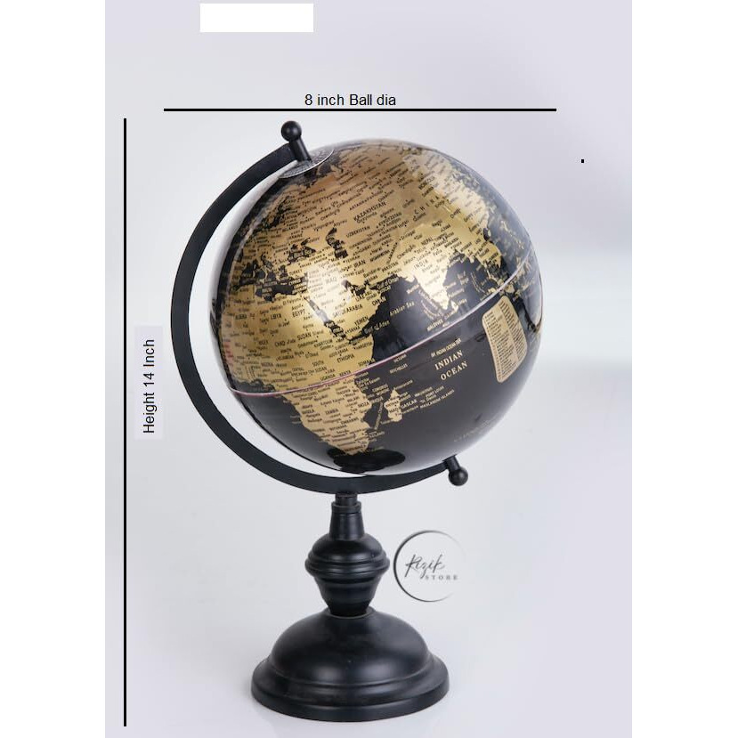 RIZIK STORE 14 inch Black Educational World Globe with Heavy Metal ARC and Base/Home Decor/Political Globe/Office Globe/Globes for Kids & Students || 8 inch Diameter ||