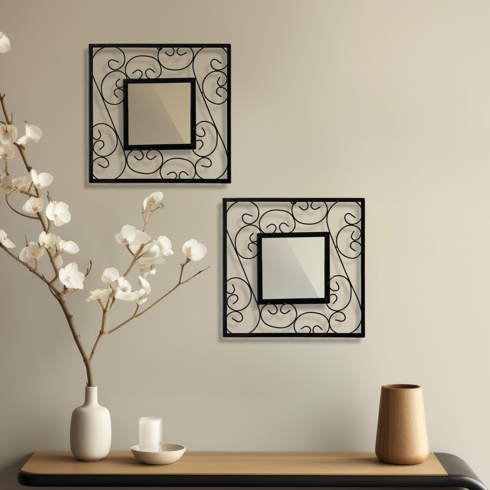 HOSLEY Decorative Modern Designer Square Wall Mirror| Iron Frame Square Wall Hanging Mirror| Wall Mounted Mirror Perfect for Living Room Bathroom Bedroom Hall Wall Decor (Black Pack of 2)