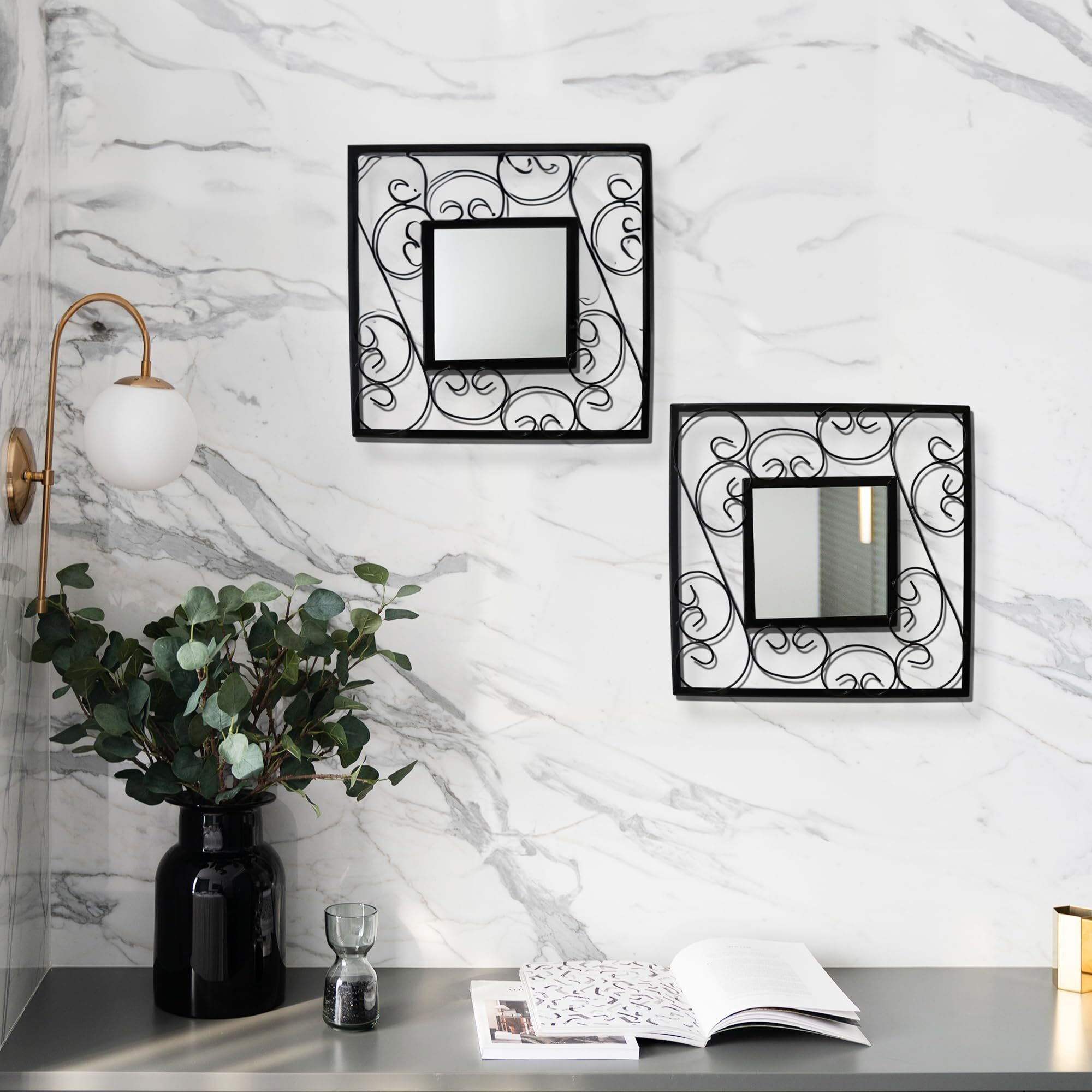HOSLEY Decorative Modern Designer Square Wall Mirror| Iron Frame Square Wall Hanging Mirror| Wall Mounted Mirror Perfect for Living Room Bathroom Bedroom Hall Wall Decor (Black Pack of 2)