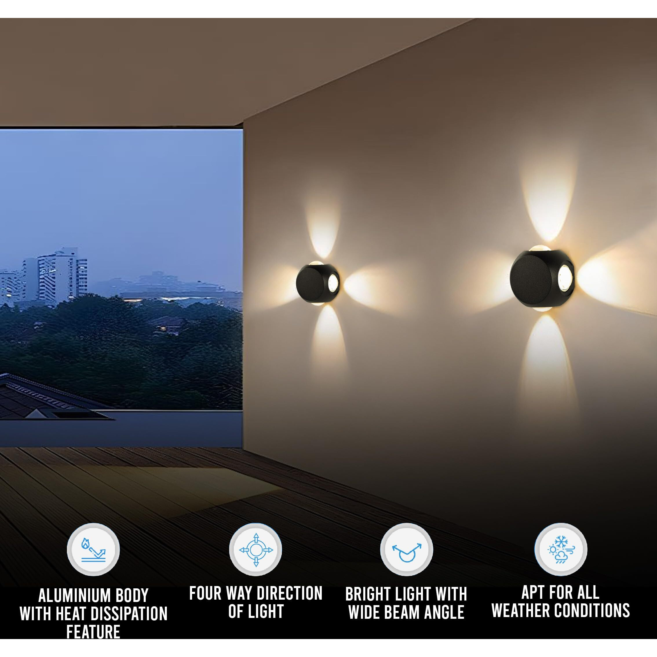 Gesto Wall Lights - 12W IP65 Waterproof Wall Lamp  4 Way Exterior Wall Light for Decor| Up Down Light for Balcony | Outdoor Wall Lights for Elevation,Garden & Patio Lights -(Warm White)-Pack of 4