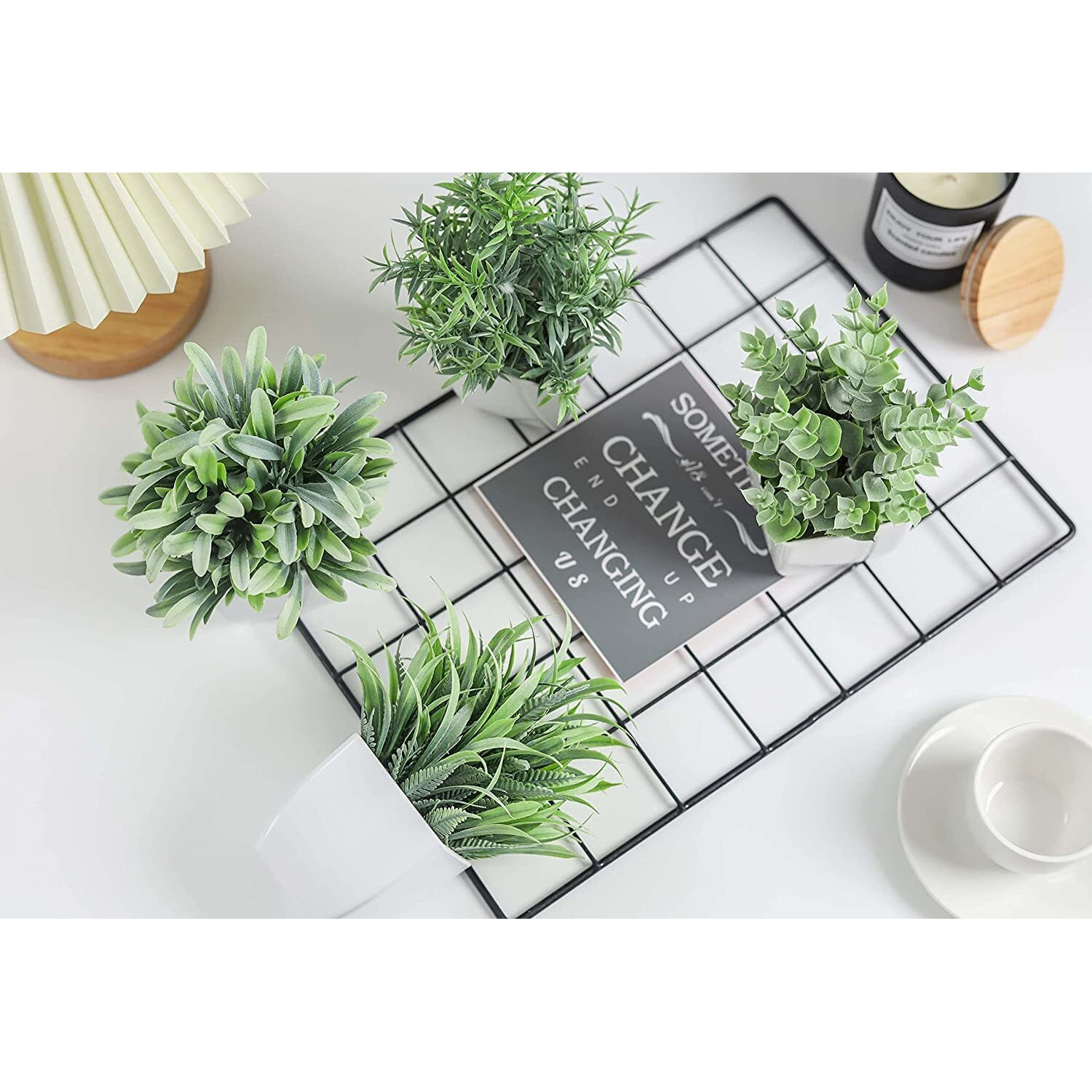 Dekorly Artificial Potted Plants, 4 Pack Artificial Plastic Eucalyptus Plants Small Indoor Potted Houseplants, Small Faux Plants For Home Decor Bathroom Office Farmhouse (Set 0F 4), multi-colour