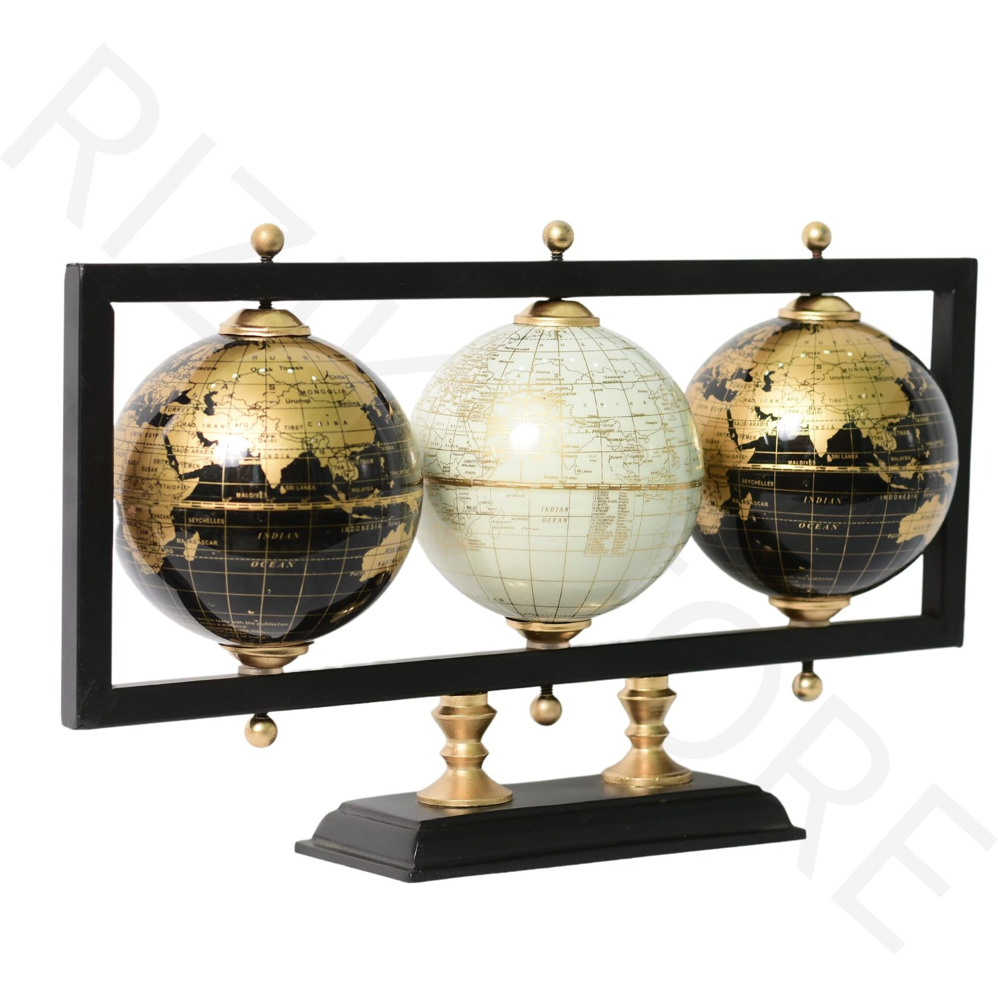 RIZIK STORE Educational World Globe with Heavy Metal ARC and Base/Home Decor/Political Globe/Office Globe/Globes for Kids & Students (4 3 ball black and gold)