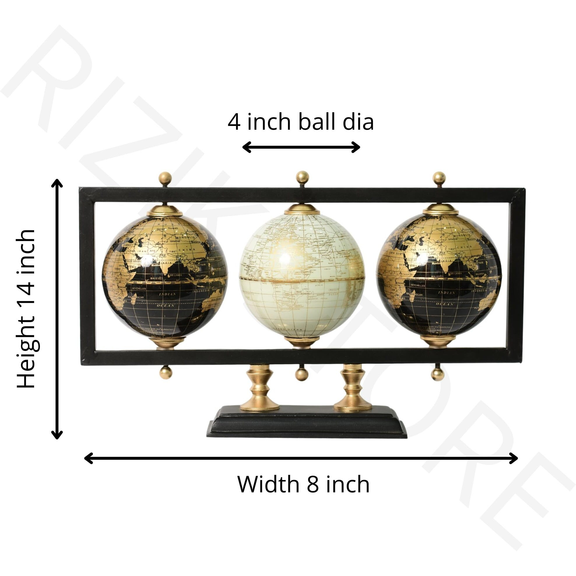 RIZIK STORE Educational World Globe with Heavy Metal ARC and Base/Home Decor/Political Globe/Office Globe/Globes for Kids & Students (4 3 ball black and gold)