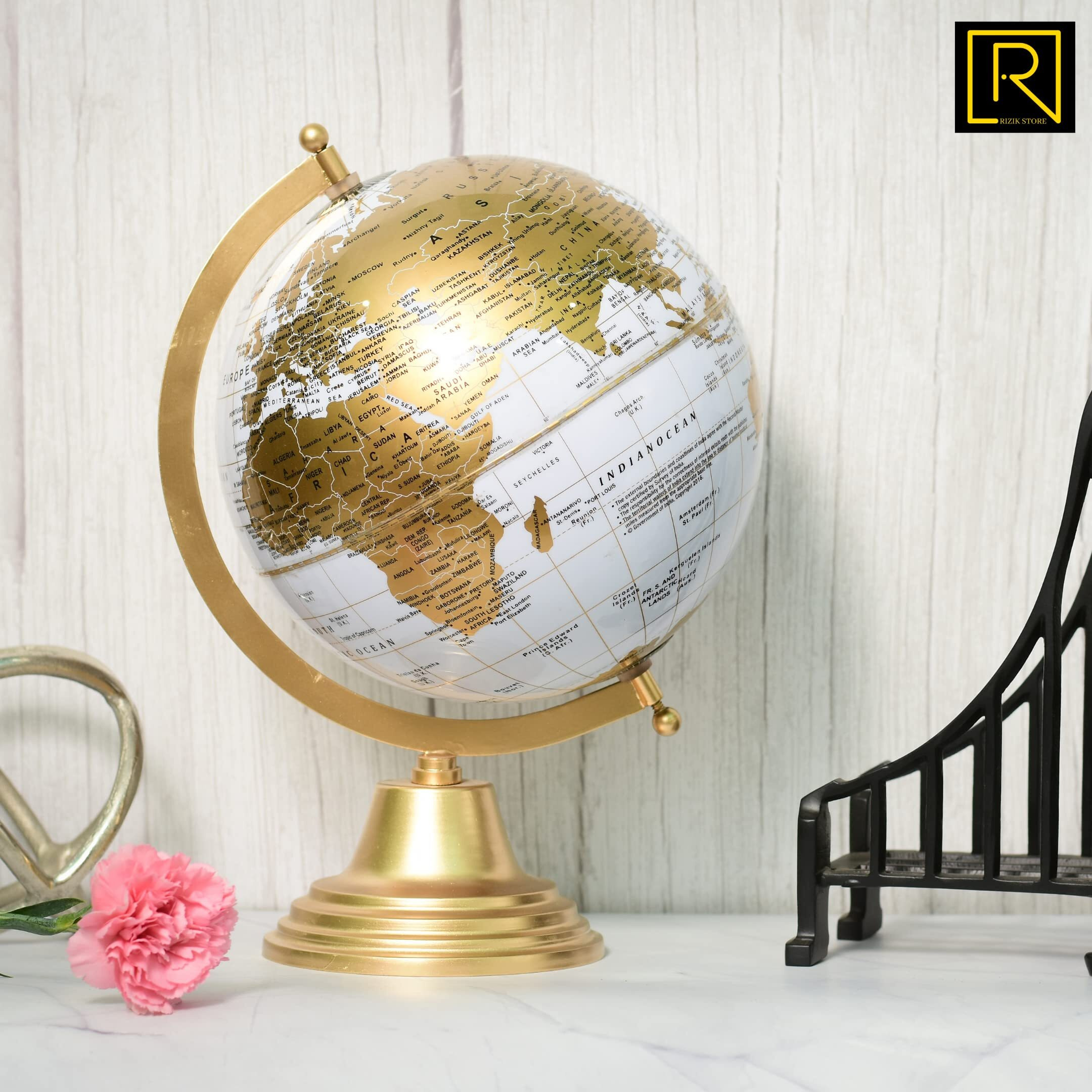 RIZIK STORE Educational World Globe With Heavy Metal Arc And Base/Home Decor/Political Globe/Office Globe/Globes For Kids & Students (8 White Gold)