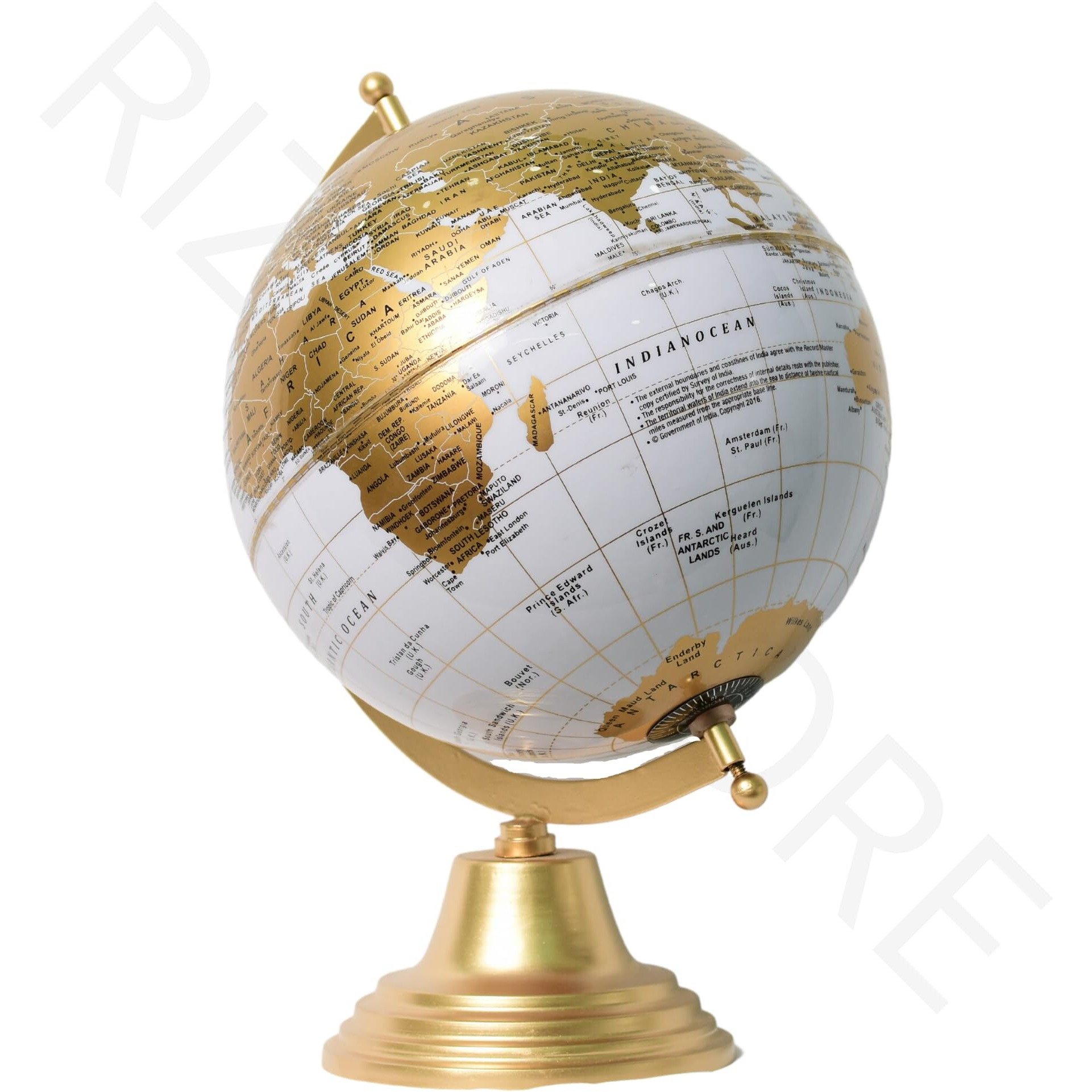 RIZIK STORE Educational World Globe With Heavy Metal Arc And Base/Home Decor/Political Globe/Office Globe/Globes For Kids & Students (8 White Gold)