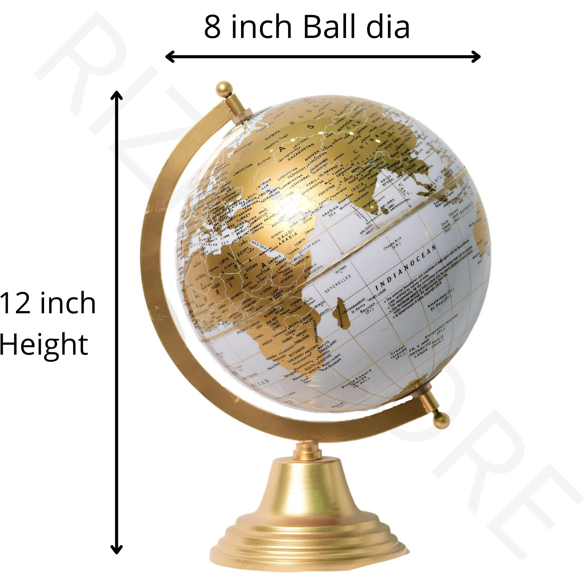 RIZIK STORE Educational World Globe With Heavy Metal Arc And Base/Home Decor/Political Globe/Office Globe/Globes For Kids & Students (8 White Gold)