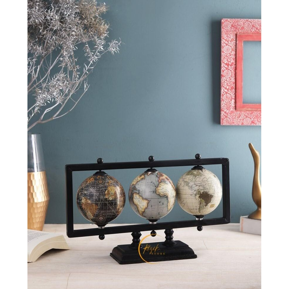 RIZIK STORE Educational World Globe with Heavy Metal ARC and Base/Home Decor/Political Globe/Office Globe/Globes for Kids & Students (4 3 ball black)