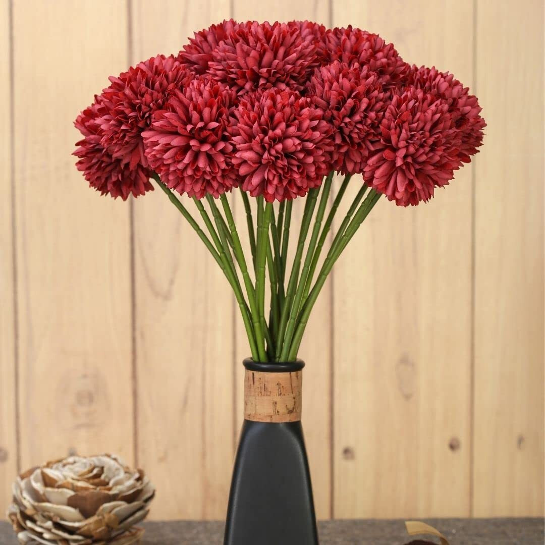 SATYAM KRAFT 5 Pcs Artificial Chrysanthemum Hydrangea Ball Flower Stick for Home Decor, Office, Bedroom, Balcony, Rakshabandhan Decoration and Craft (Pack of 5,Dark Red) (without Vase Pot)