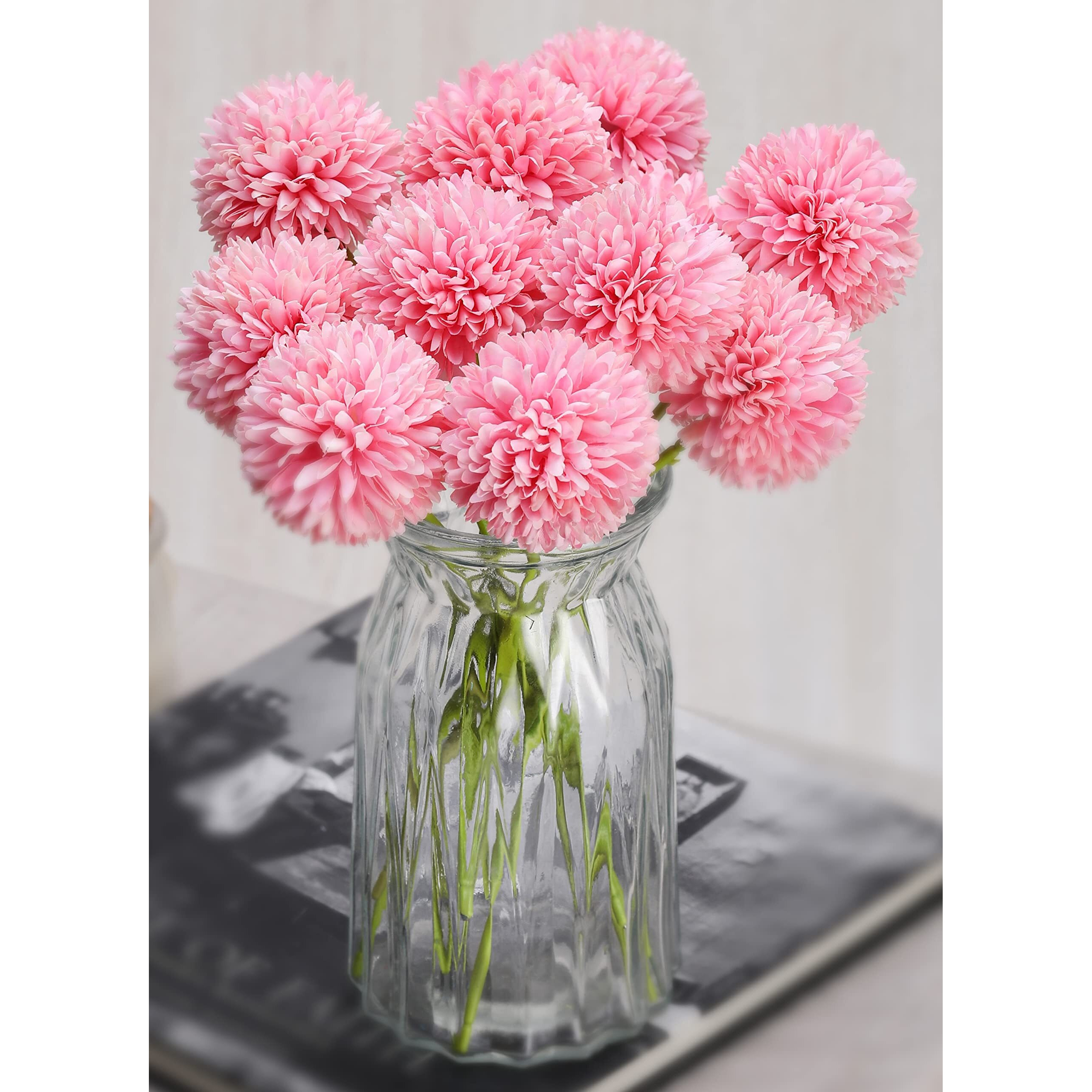 SATYAM KRAFT 5 Pcs Artificial Chrysanthemum Hydrangea Ball Flower Stick for Home Decor, Office, Rakshabandhan Decoration and Craft - (Pack of 5) (Pink) (without Vase Pot)