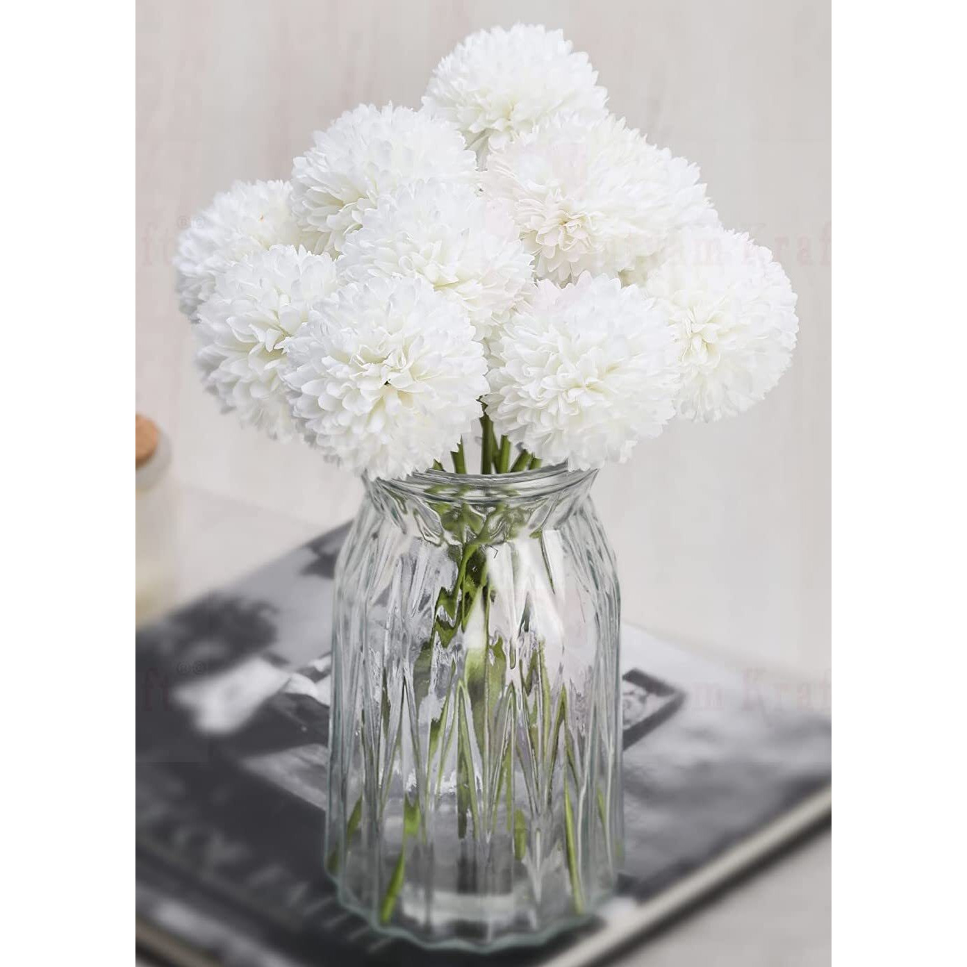 SATYAM KRAFT 5 Pcs Artificial Chrysanthemum Hydrangea Ball Flower Stick for Home Decor, Office, Bedroom, Balcony, Living Room, Rakshabandhan Decoration (Pack of 5) (white, fabric)(without Vase)