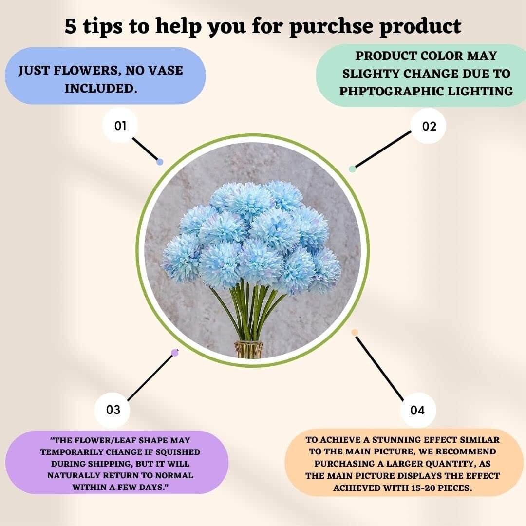 SATYAM KRAFT 5 Pcs Artificial Chrysanthemum Hydrangea Ball Flower Stick for Home Decor, Office, Bedroom, Balcony, Rakshabandhan Decoration and Craft (Sky) (without Vase Pot)